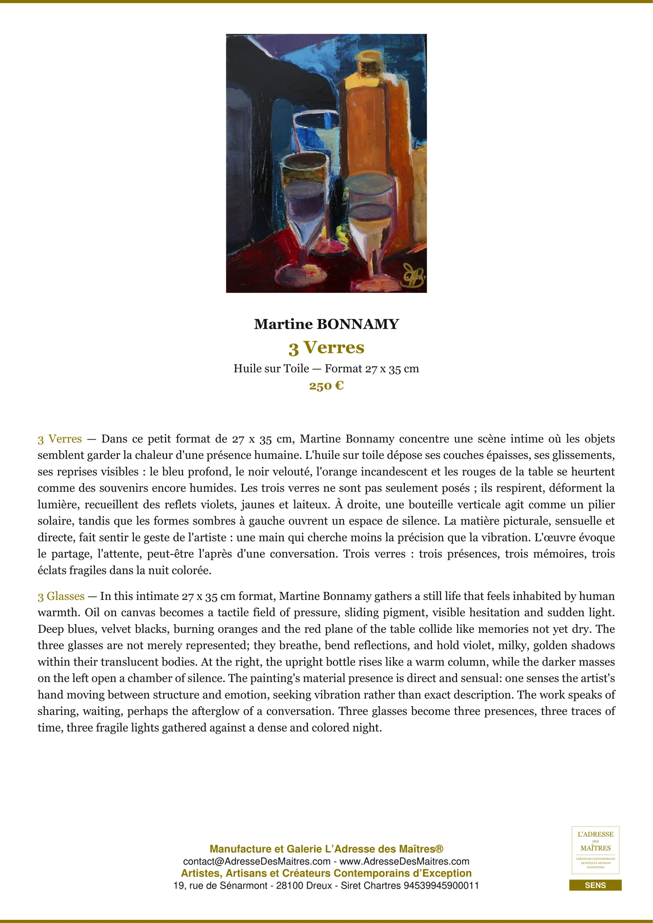 Fiche Premium - 3 Verres - Martine BONNAMY - L'Adresse des Maîtres®