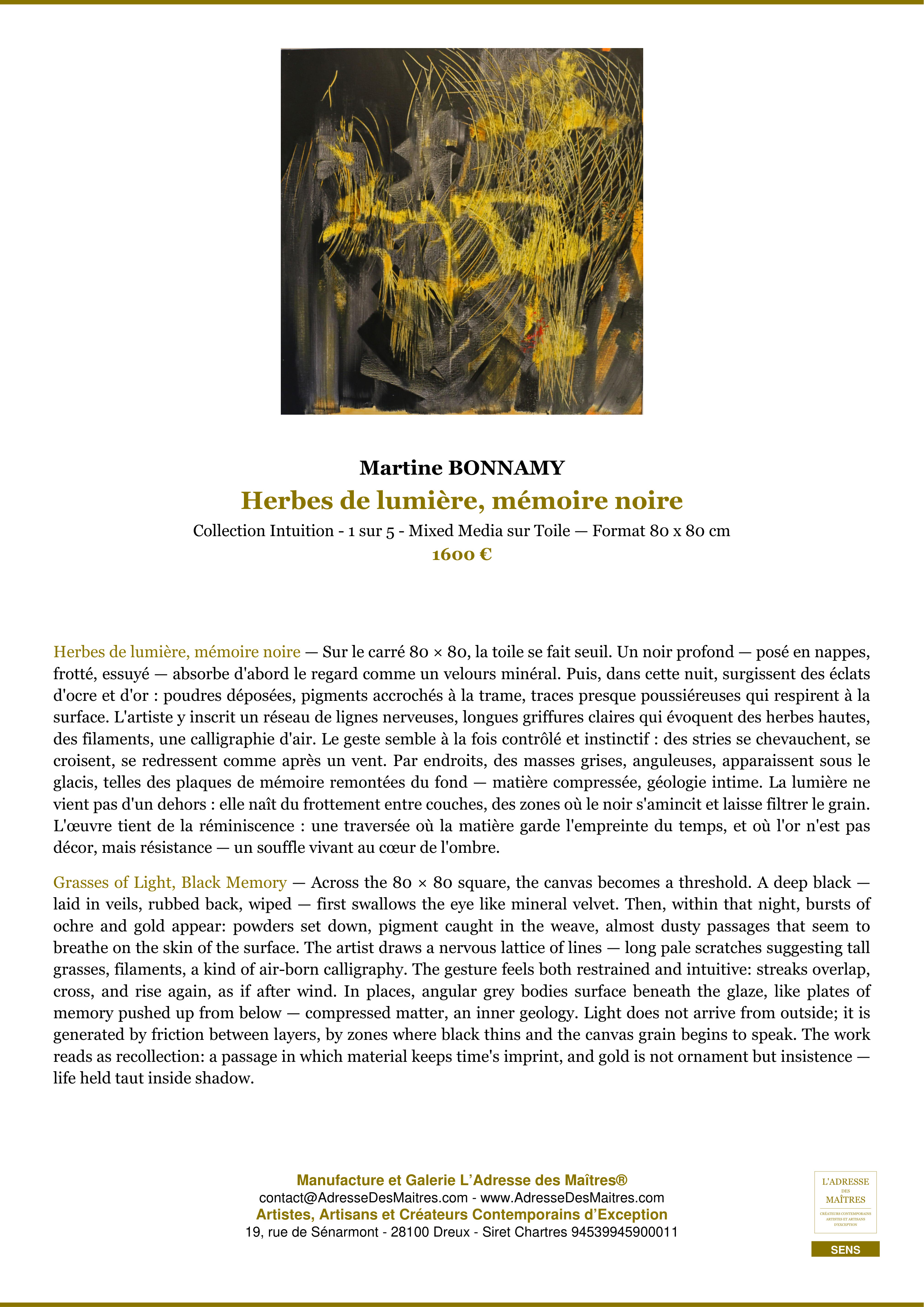 Fiche Premium — Herbes de lumière, mémoire noire — Martine BONNAMY — L'Adresse des Maîtres®