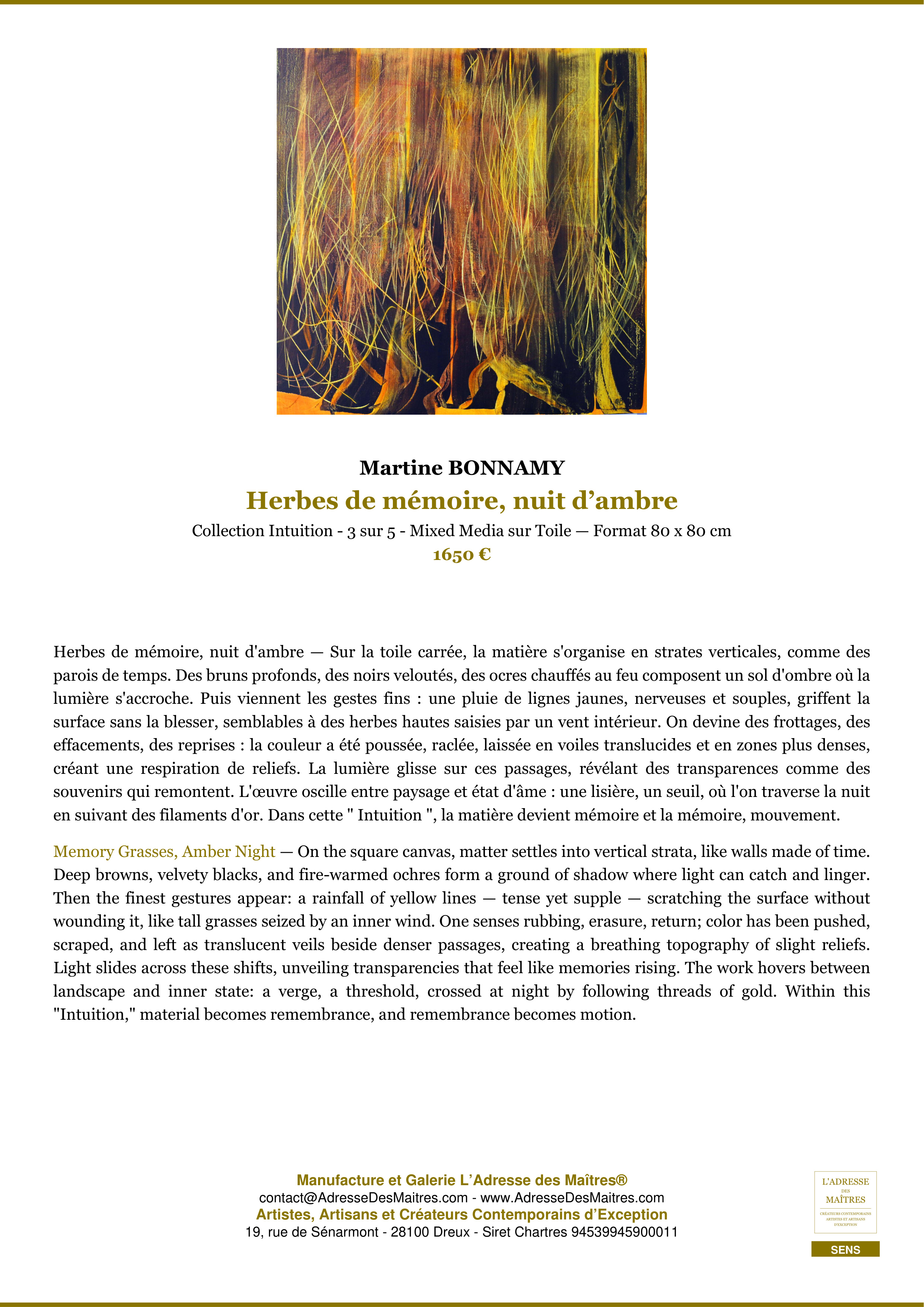 Fiche Premium — Herbes de mémoire, nuit d’ambre — Martine BONNAMY — L'Adresse des Maîtres®