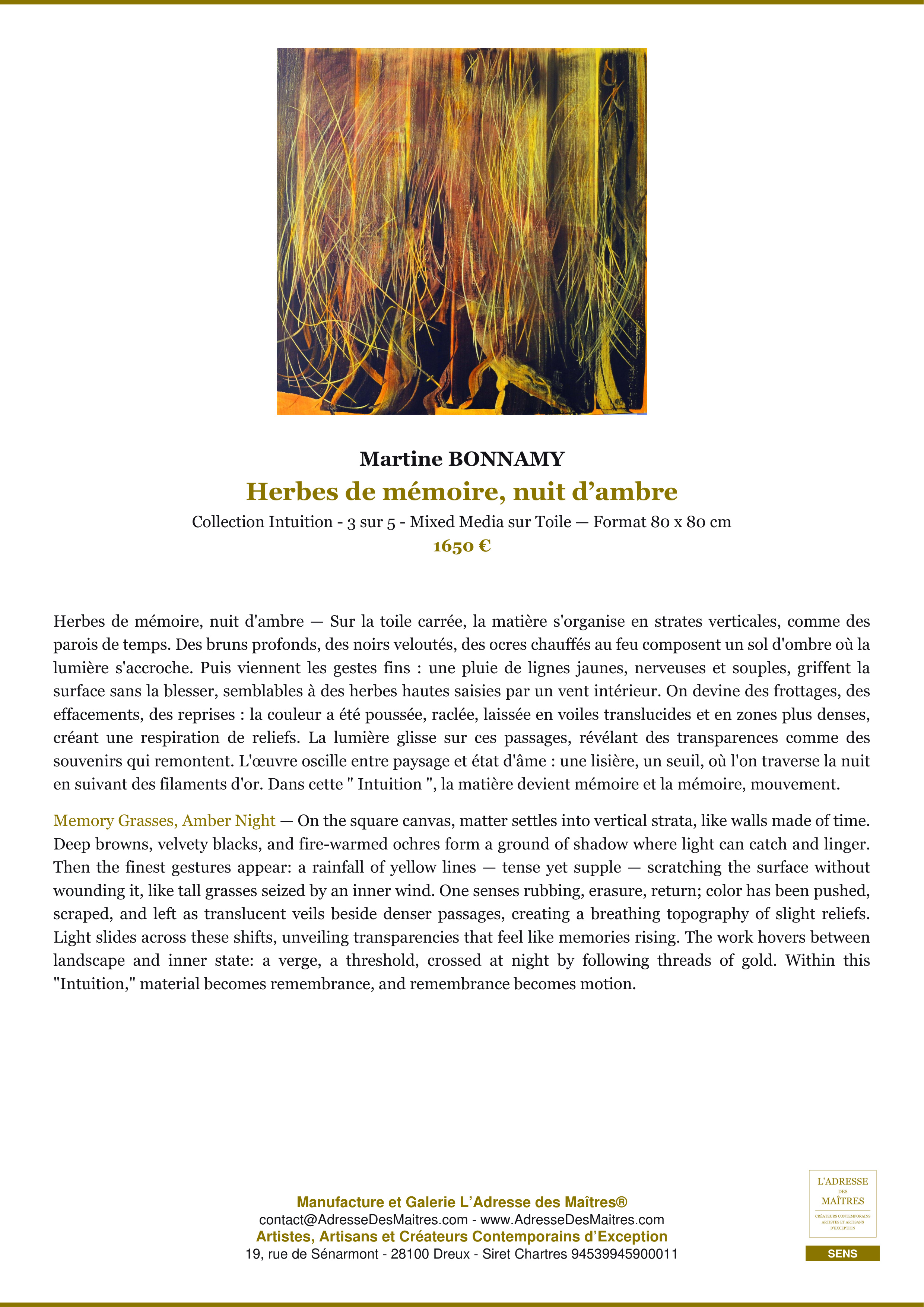 Fiche Premium — Herbes de mémoire, nuit d’ambre — Martine BONNAMY — L'Adresse des Maîtres®