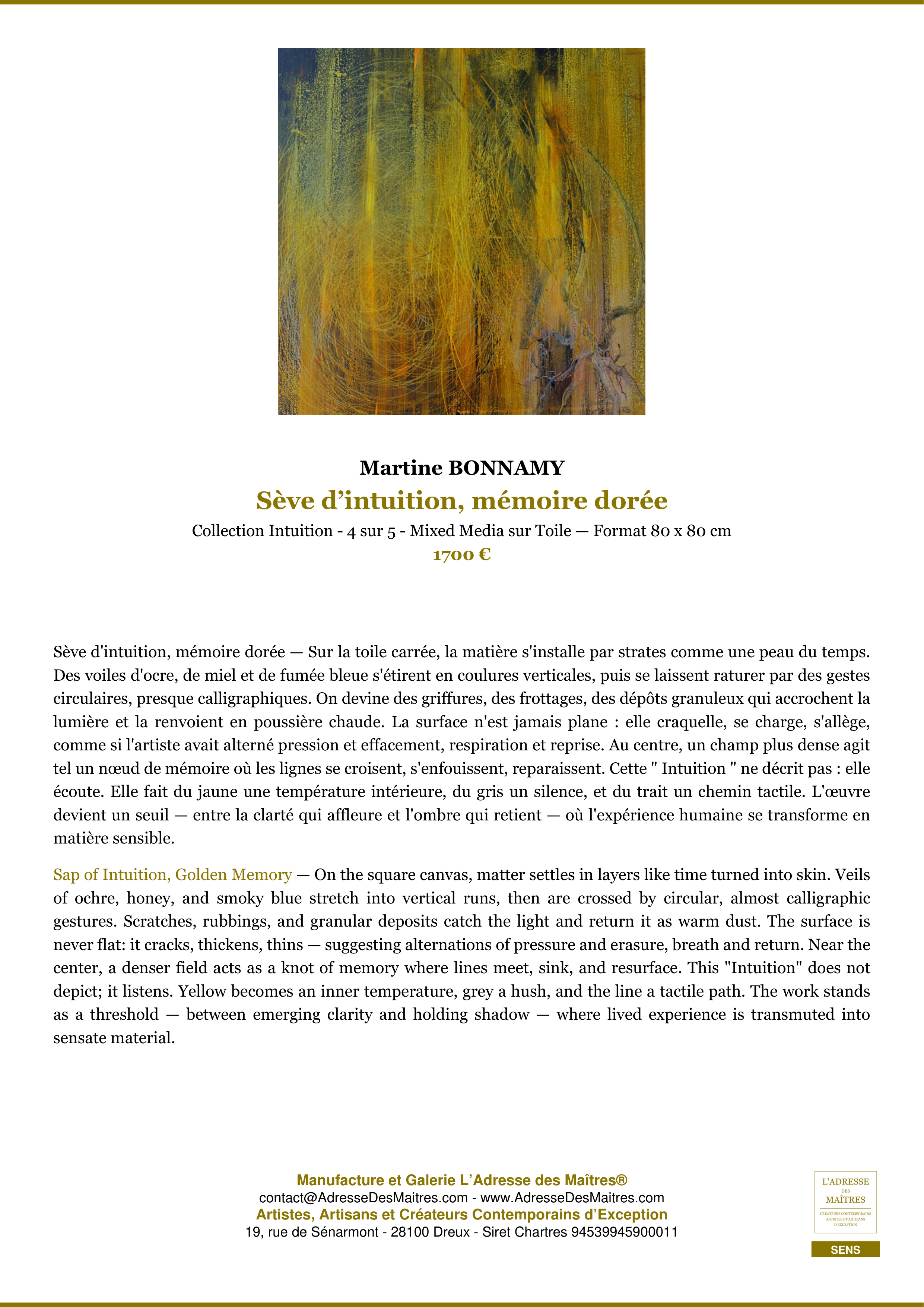 Fiche Premium — Sève d’intuition, mémoire dorée — Martine BONNAMY — L'Adresse des Maîtres®