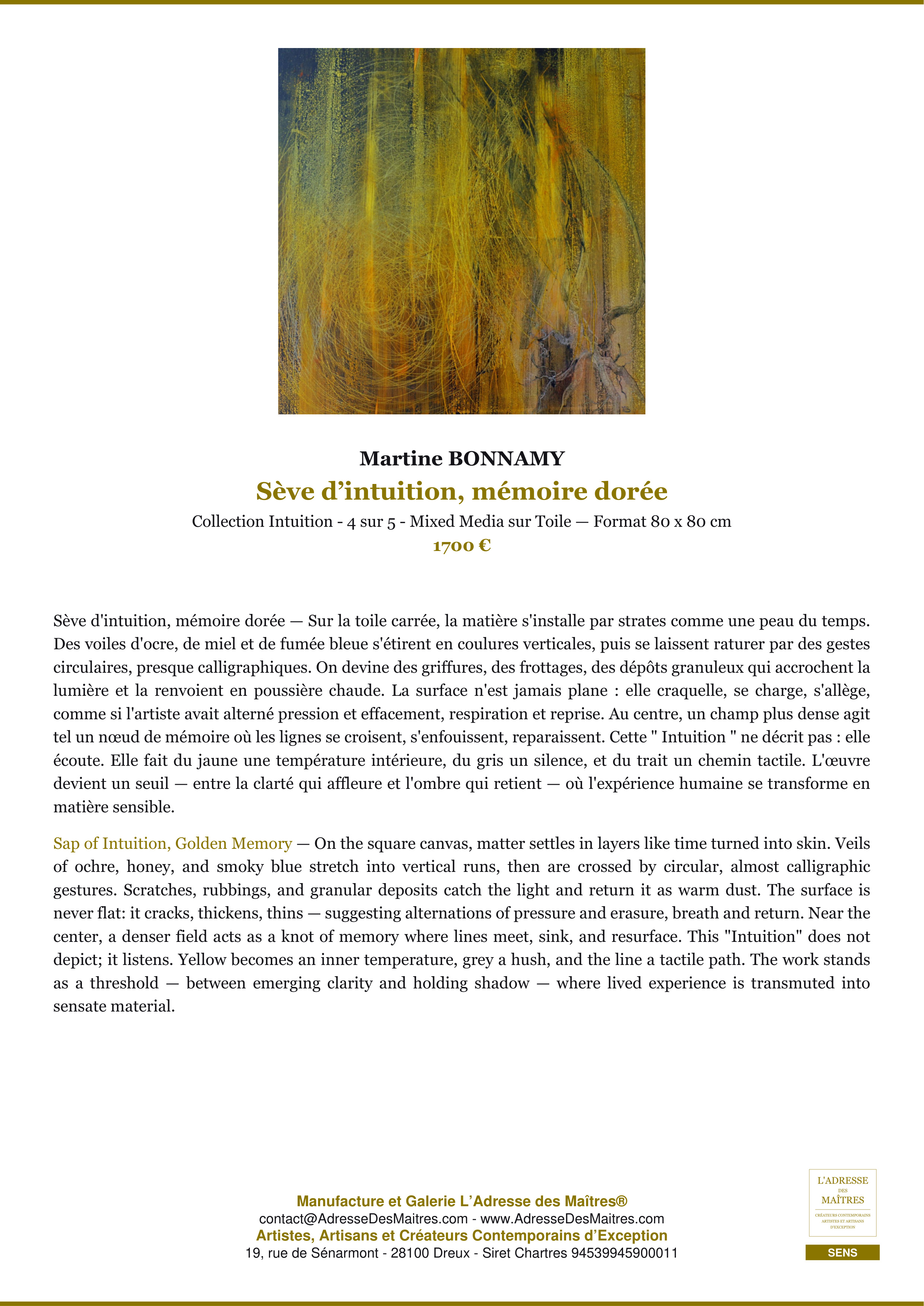 Fiche Premium — Sève d’intuition, mémoire dorée — Martine BONNAMY — L'Adresse des Maîtres®
