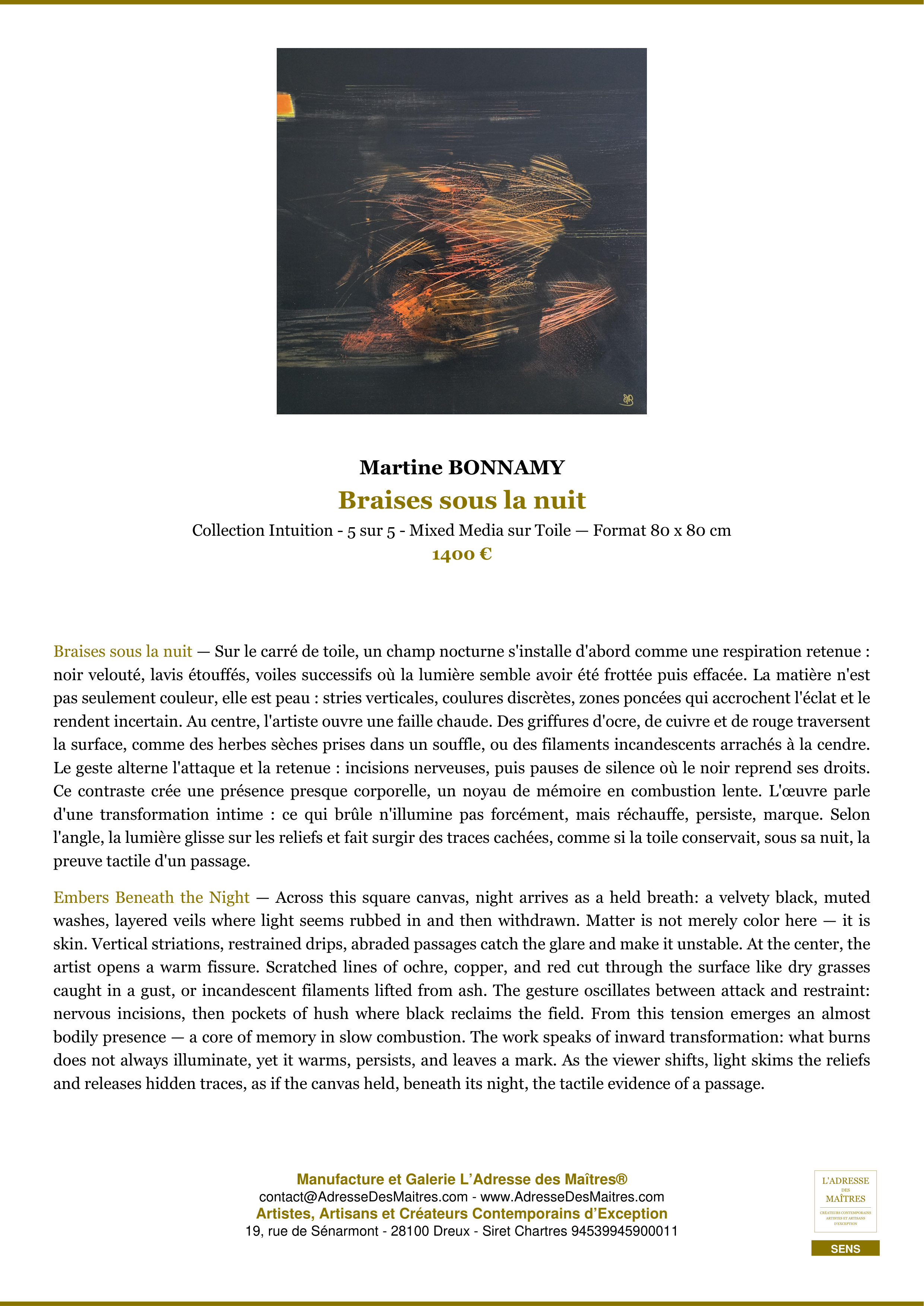 Fiche Premium — Braises sous la nuit — Martine BONNAMY — L'Adresse des Maîtres®