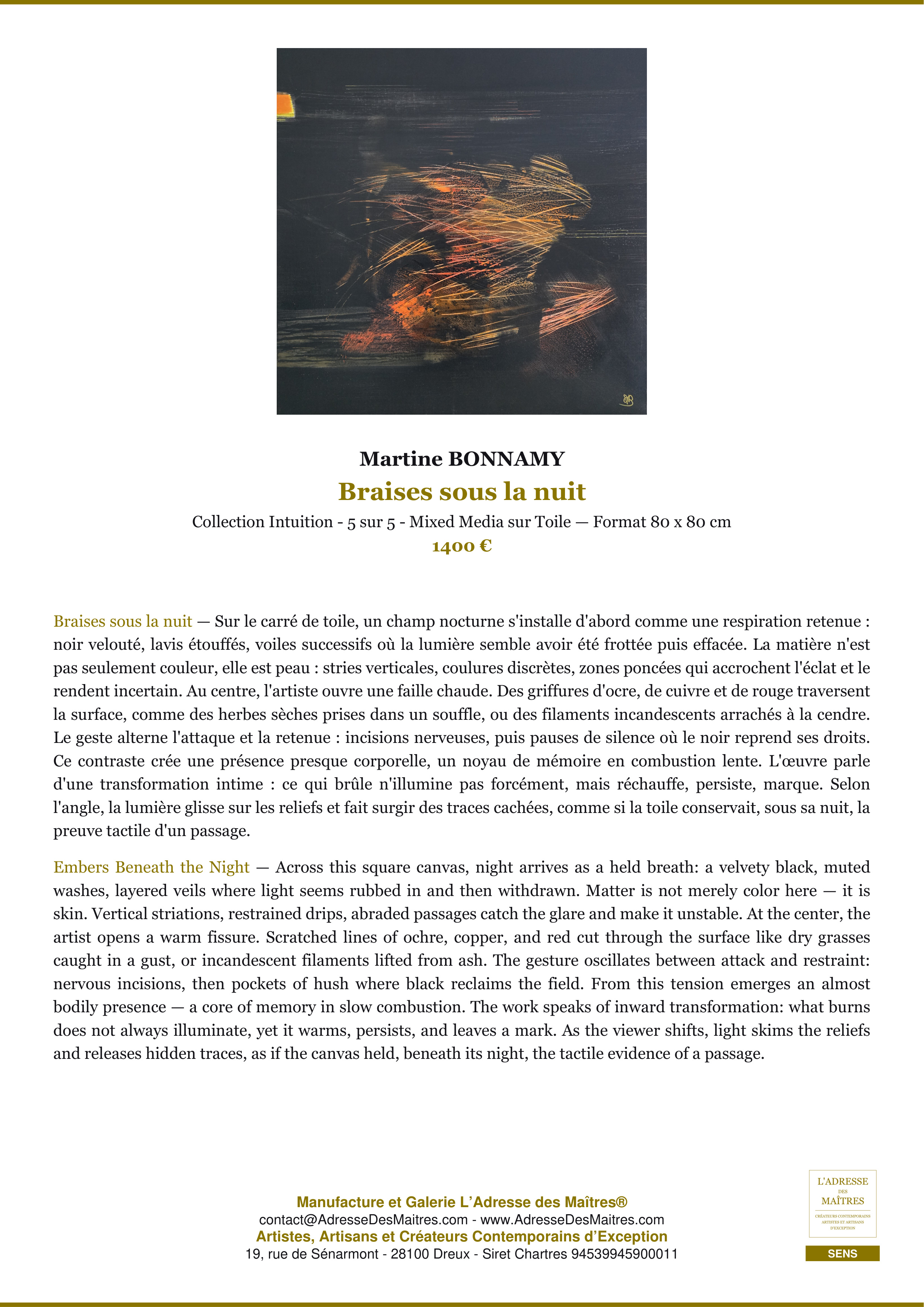 Fiche Premium — Braises sous la nuit — Martine BONNAMY — L'Adresse des Maîtres®