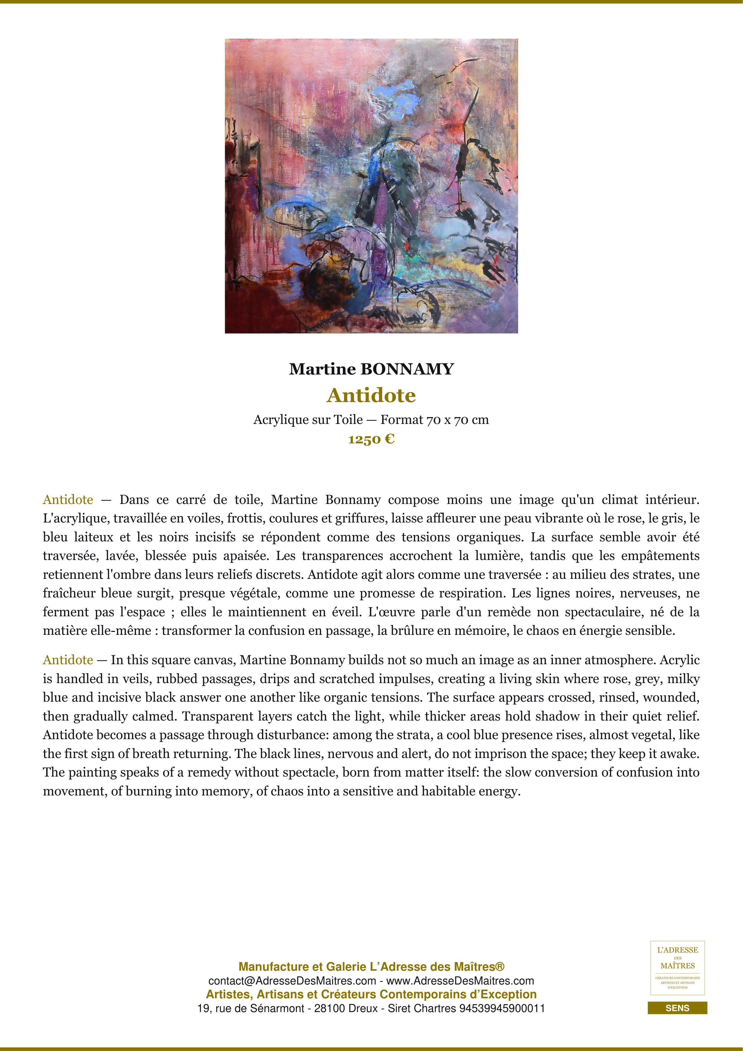 Fiche Premium — Antidote — Martine BONNAMY — L'Adresse des Maîtres®