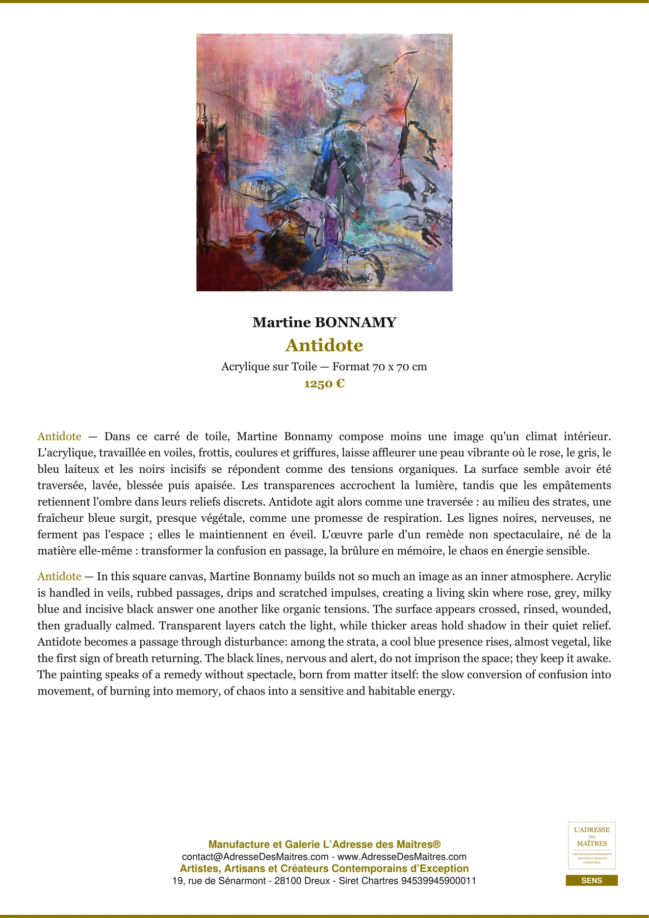 Fiche Premium - Antidote - Martine BONNAMY - L'Adresse des Maîtres®