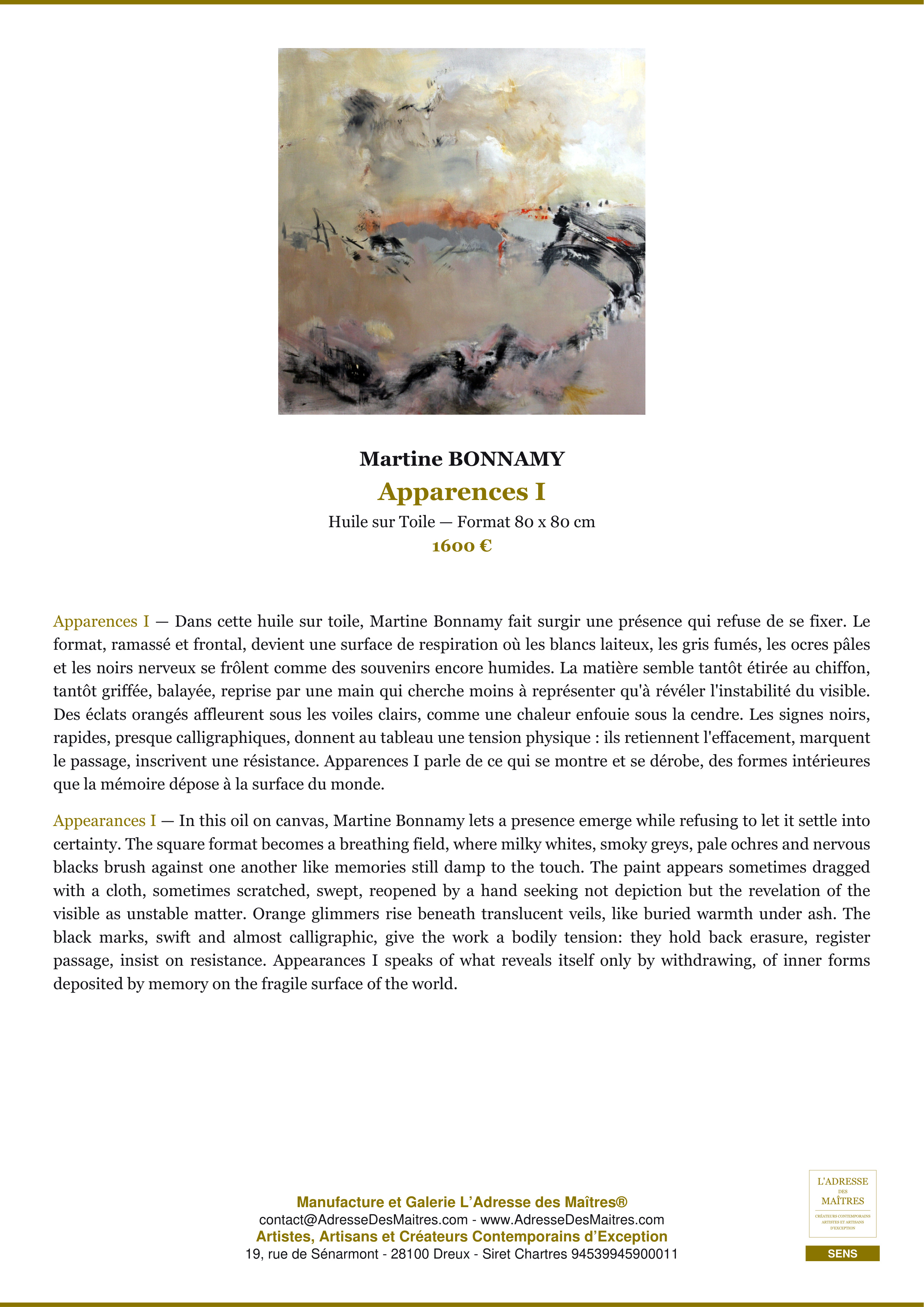 Fiche Premium — Apparences I — Martine BONNAMY — L'Adresse des Maîtres®