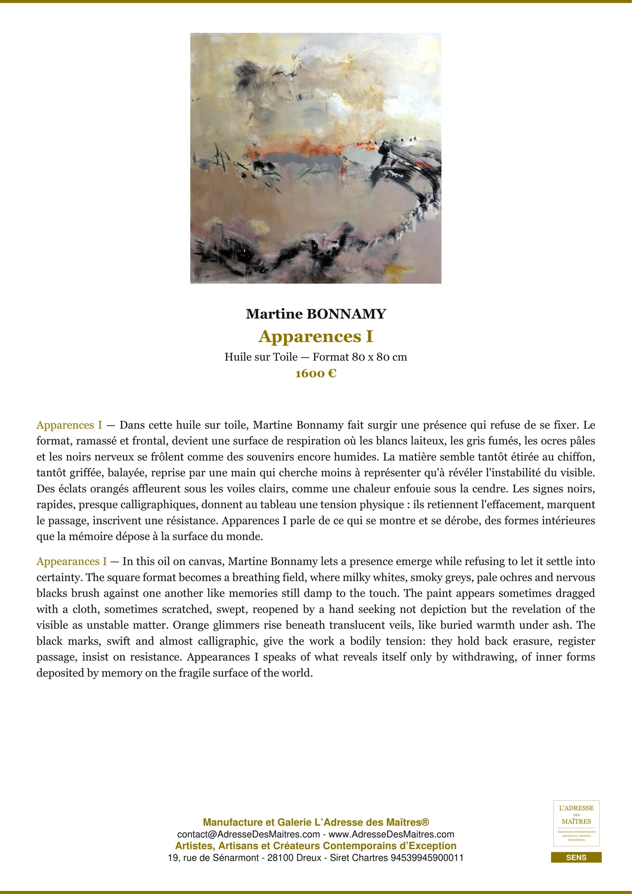 Fiche Premium - Apparences I - Martine BONNAMY - L'Adresse des Maîtres®