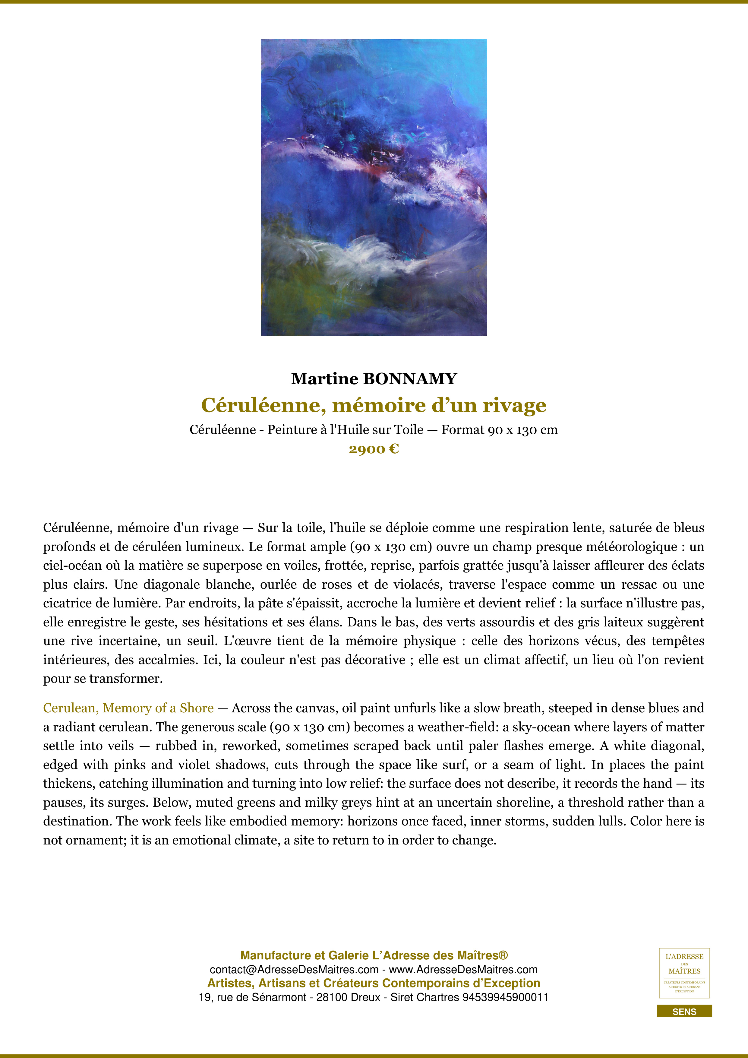Fiche Premium — Céruléenne, mémoire d’un rivage — Martine BONNAMY — L'Adresse des Maîtres®