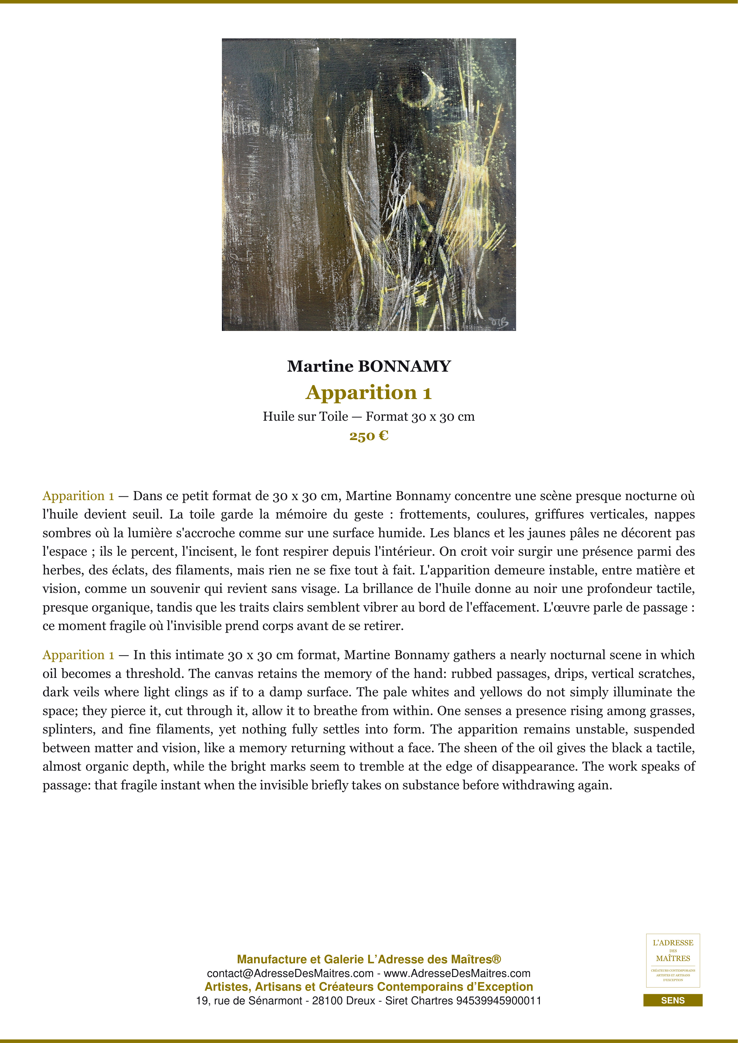 Fiche Premium — Apparition 1 — Martine BONNAMY — L'Adresse des Maîtres®