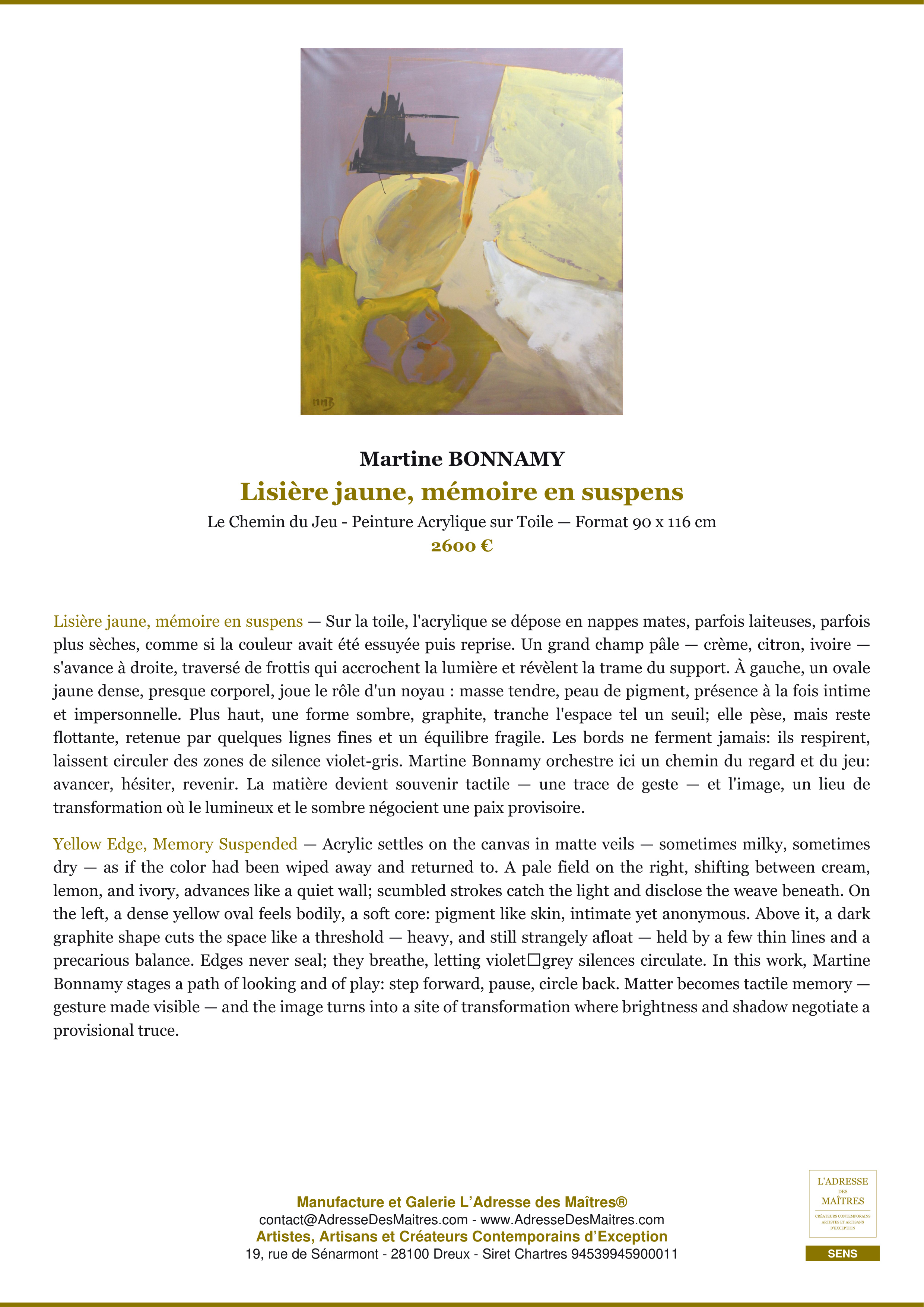 Fiche Premium — Lisière jaune, mémoire en suspens — Martine BONNAMY — L'Adresse des Maîtres®