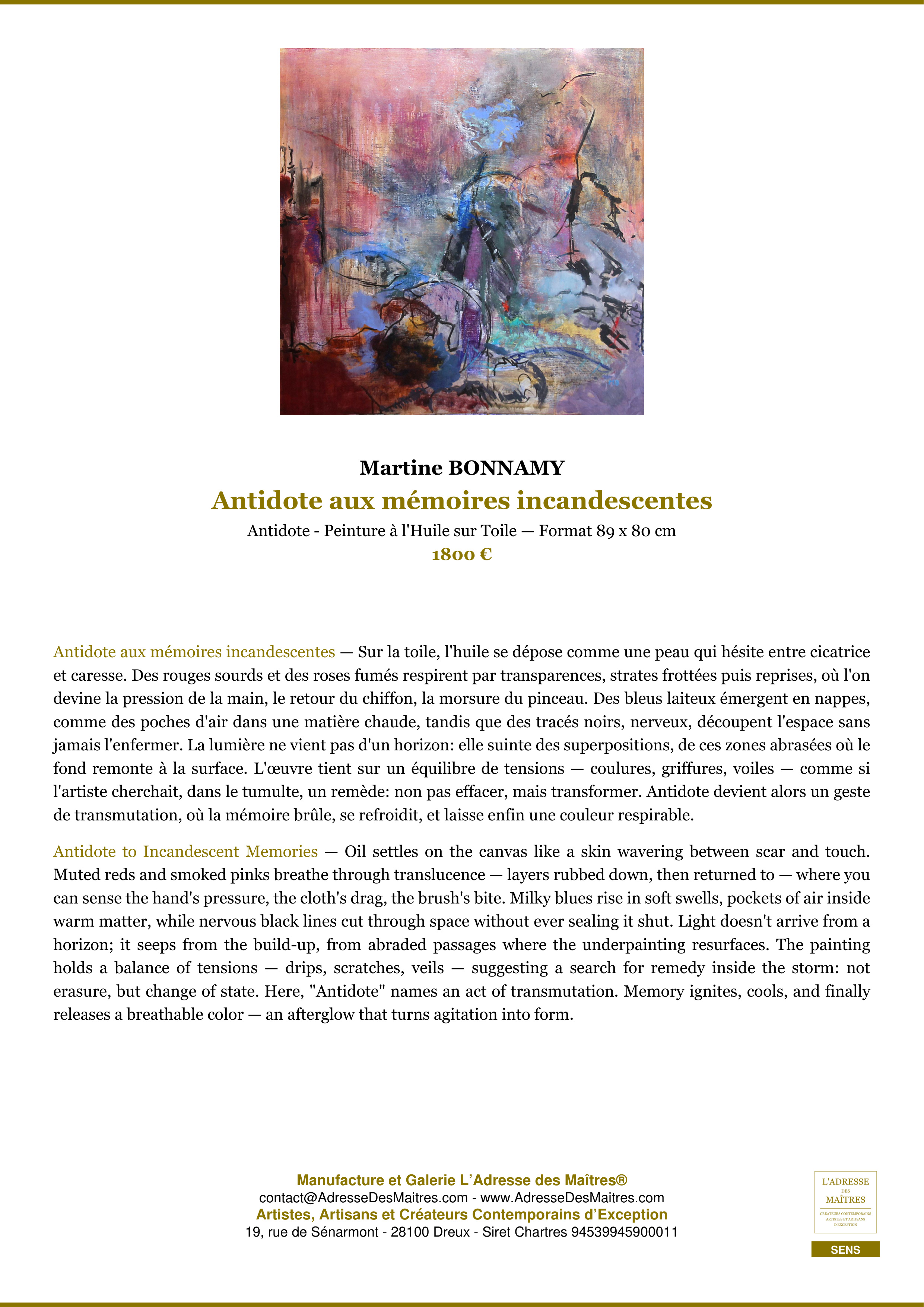 Fiche Premium — Antidote aux mémoires incandescentes — Martine BONNAMY — L'Adresse des Maîtres®