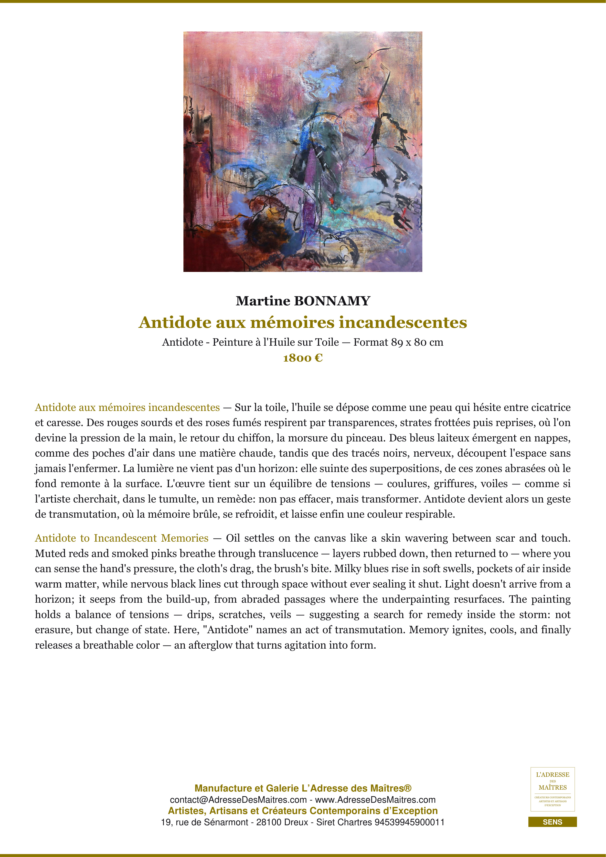 Fiche Premium — Antidote aux mémoires incandescentes — Martine BONNAMY — L'Adresse des Maîtres®