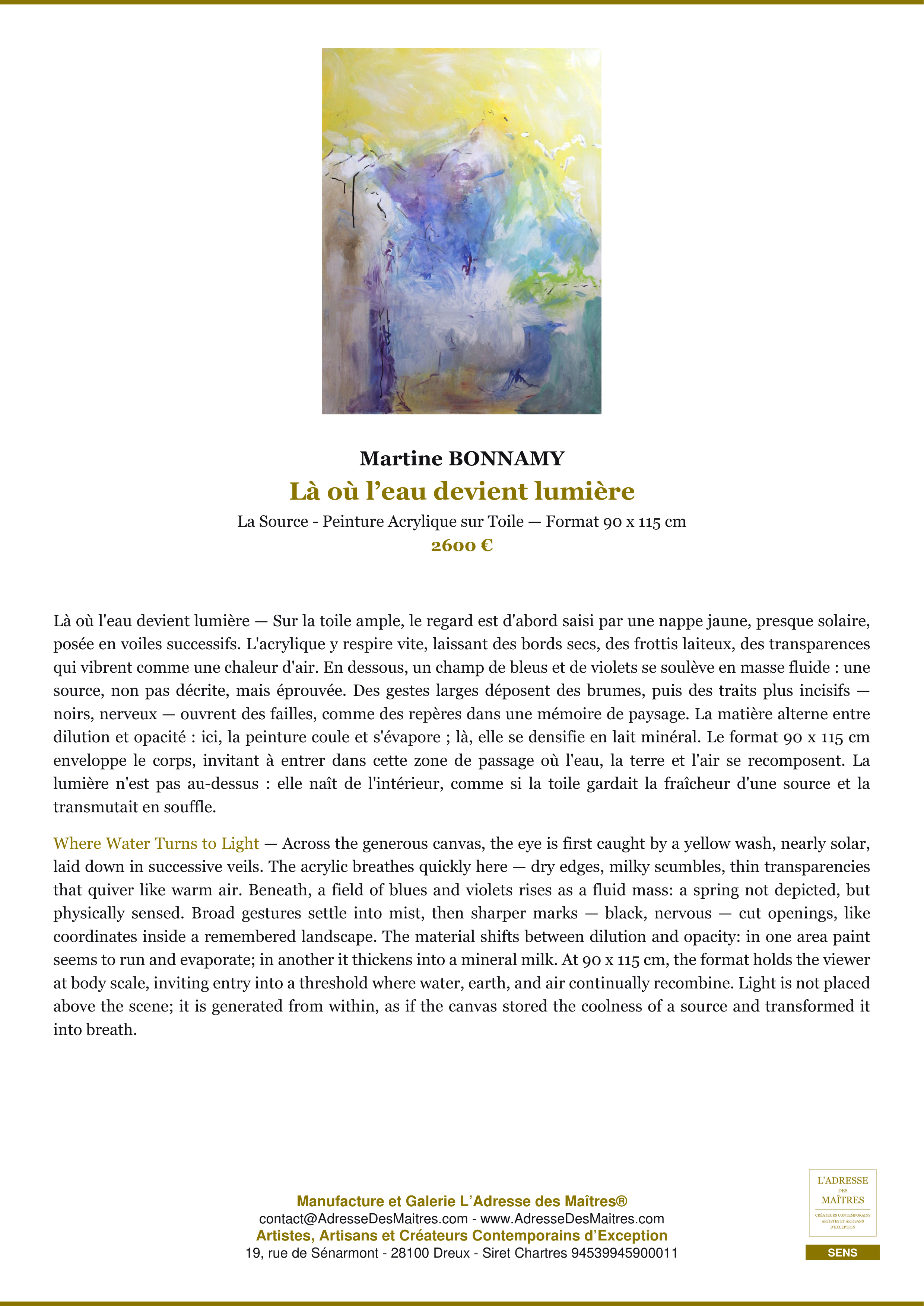 Fiche Premium — Là où l’eau devient lumière — Martine BONNAMY — L'Adresse des Maîtres®
