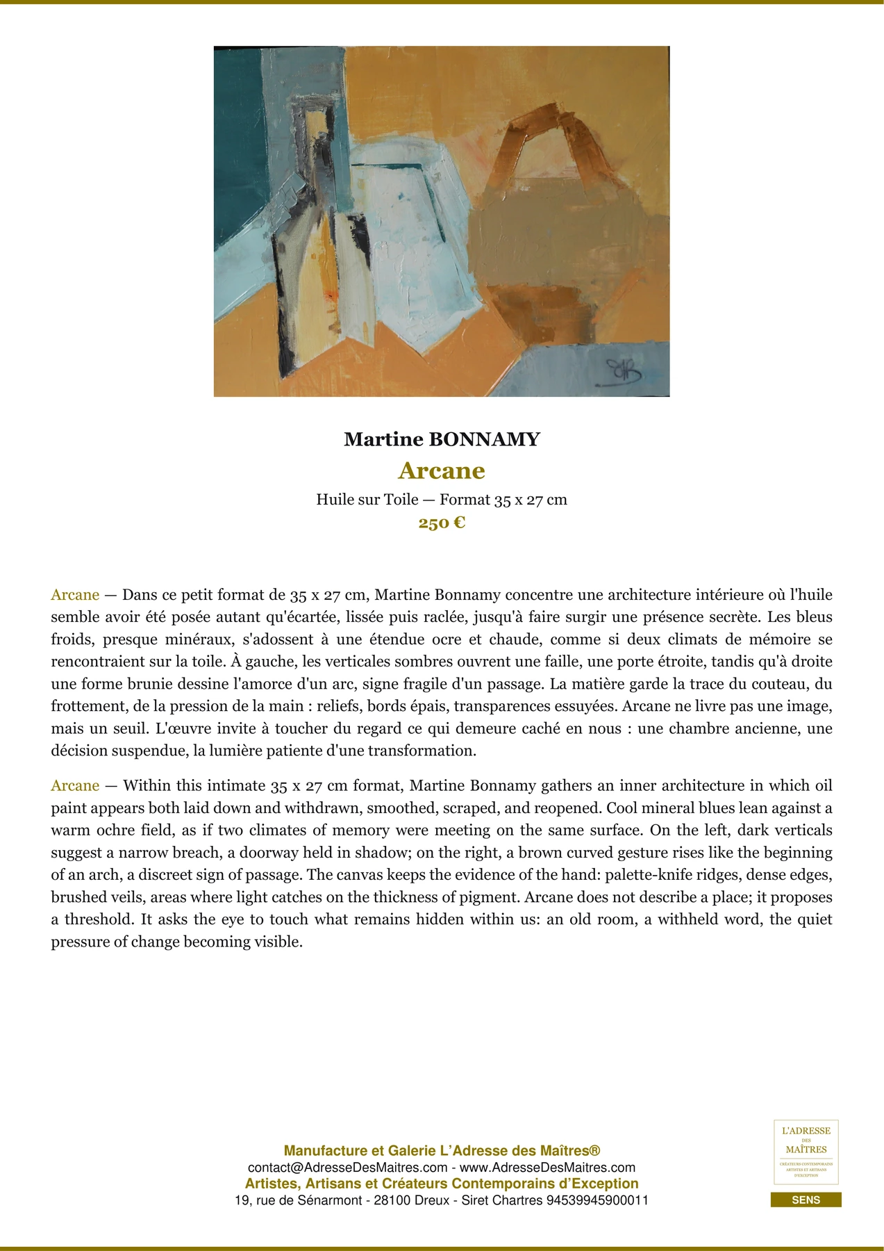 Fiche Premium - Arcane - Martine BONNAMY - L'Adresse des Maîtres®