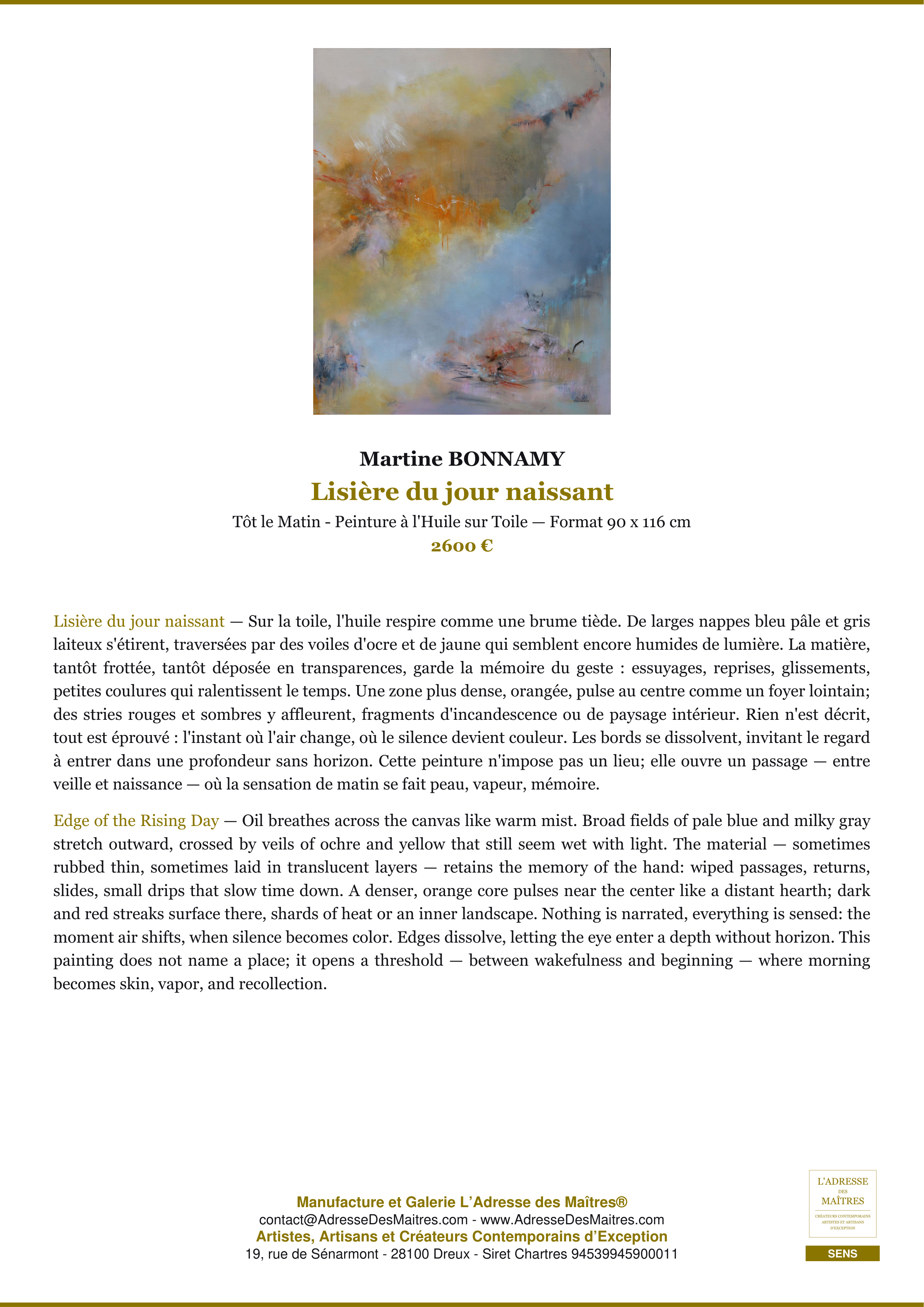 Fiche Premium — Lisière du jour naissant — Martine BONNAMY — L'Adresse des Maîtres®