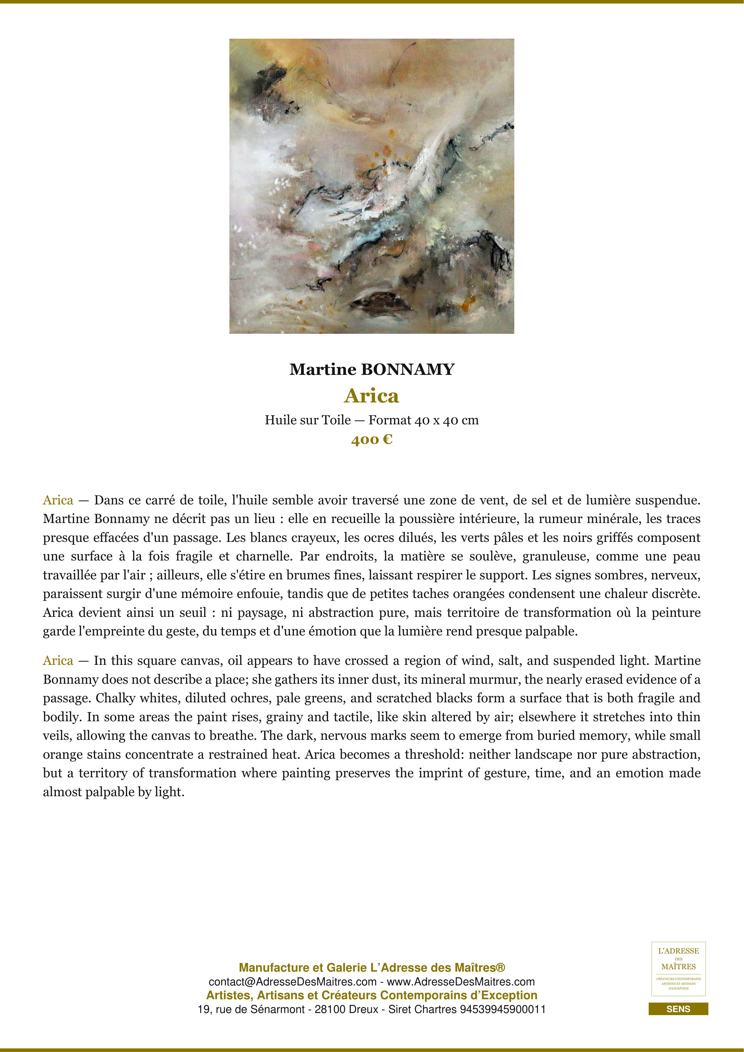 Fiche Premium — Arica — Martine BONNAMY — L'Adresse des Maîtres®