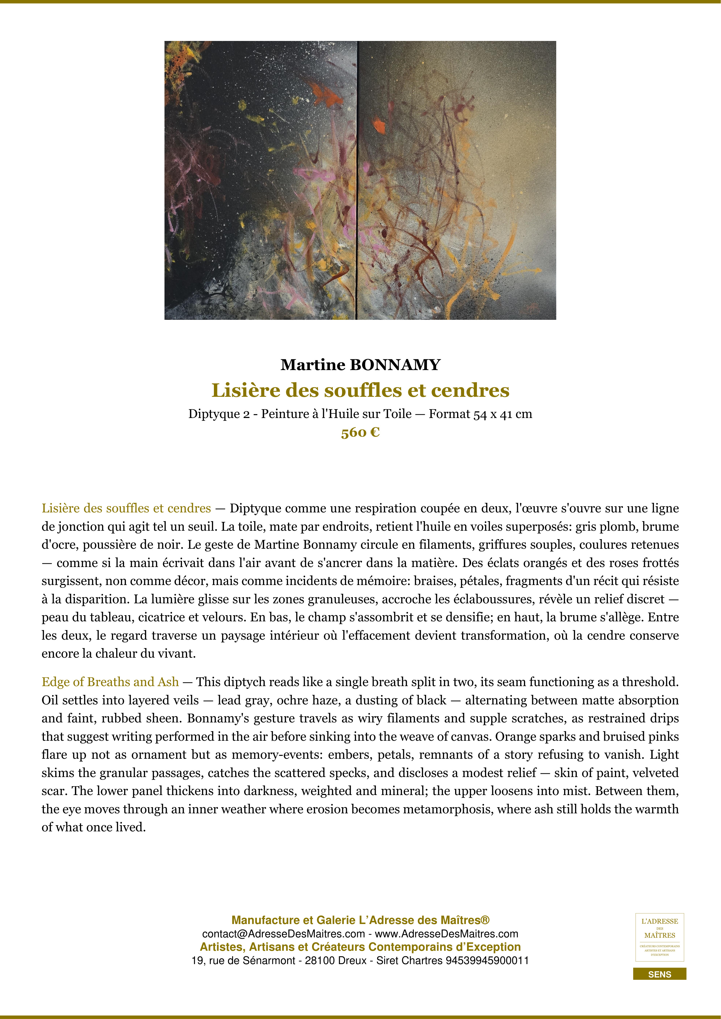 Fiche Premium — Lisière des souffles et cendres — Martine BONNAMY — L'Adresse des Maîtres®