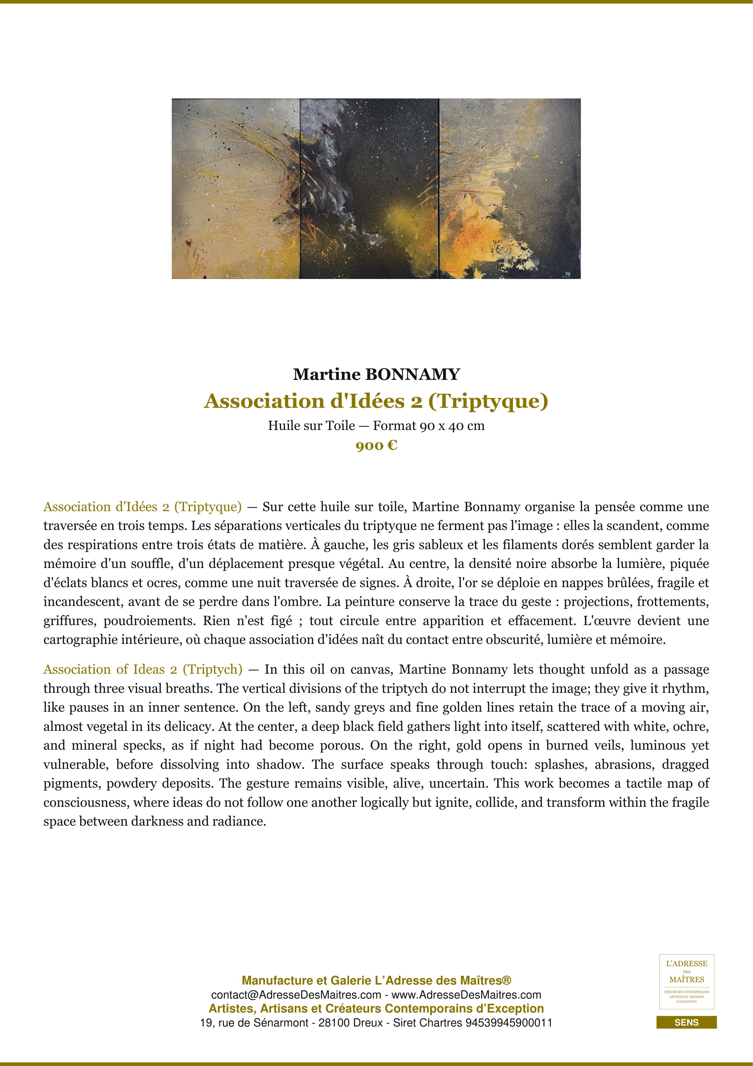 Fiche Premium — Association d'Idées 2 (Triptyque) — Martine BONNAMY — L'Adresse des Maîtres®