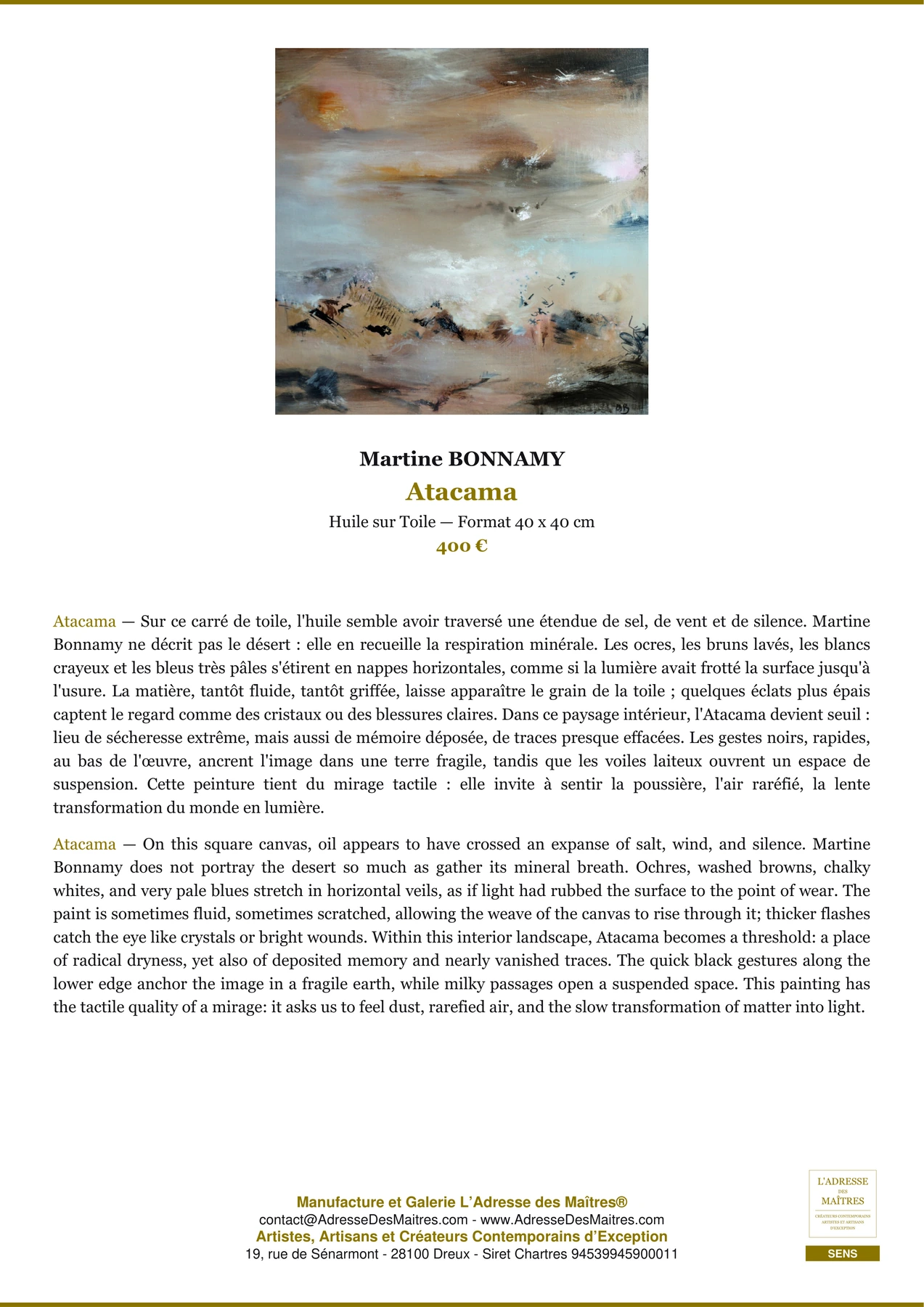Fiche Premium - Atacama - Martine BONNAMY - L'Adresse des Maîtres®