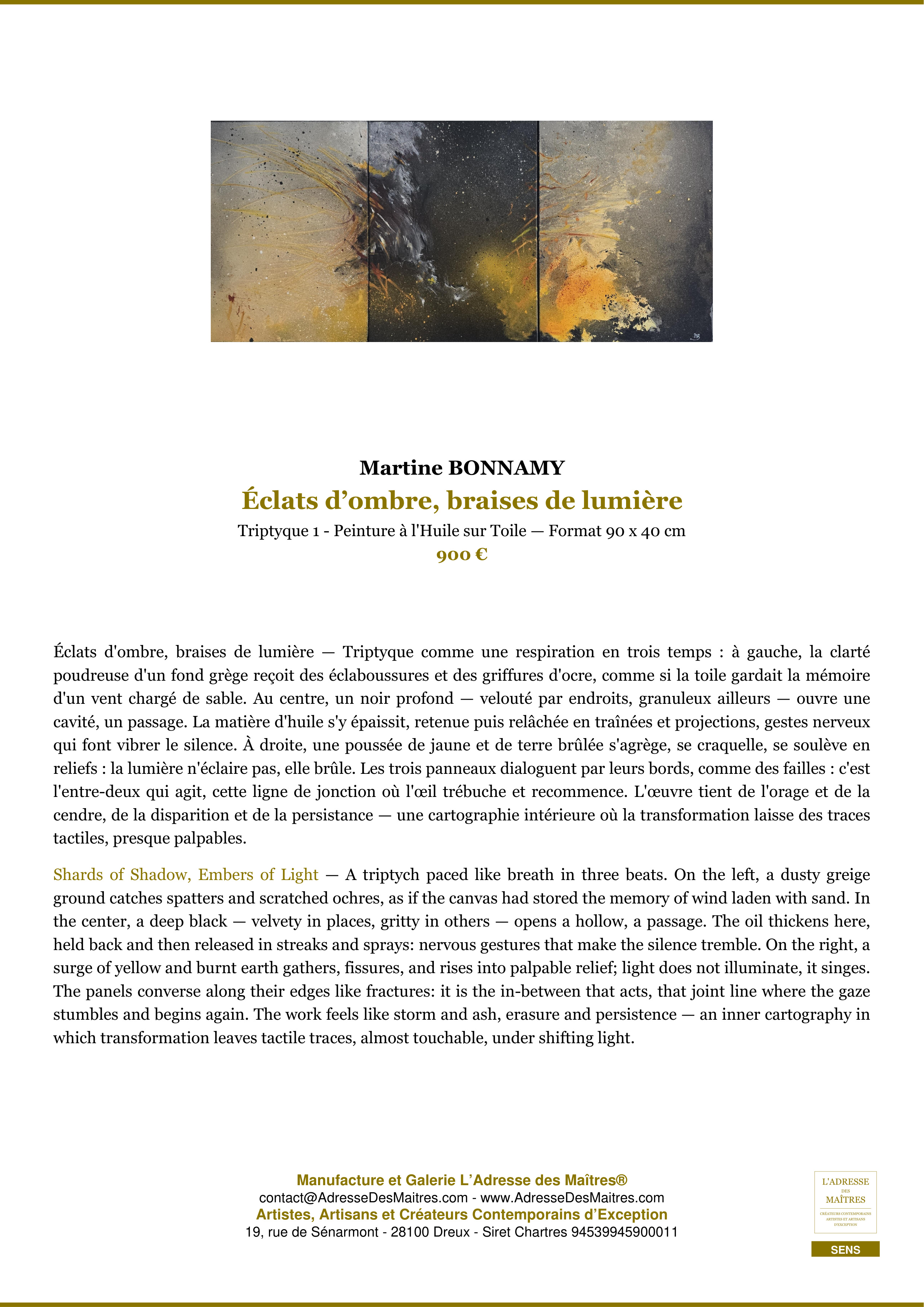 Fiche Premium — Éclats d’ombre, braises de lumière — Martine BONNAMY — L'Adresse des Maîtres®