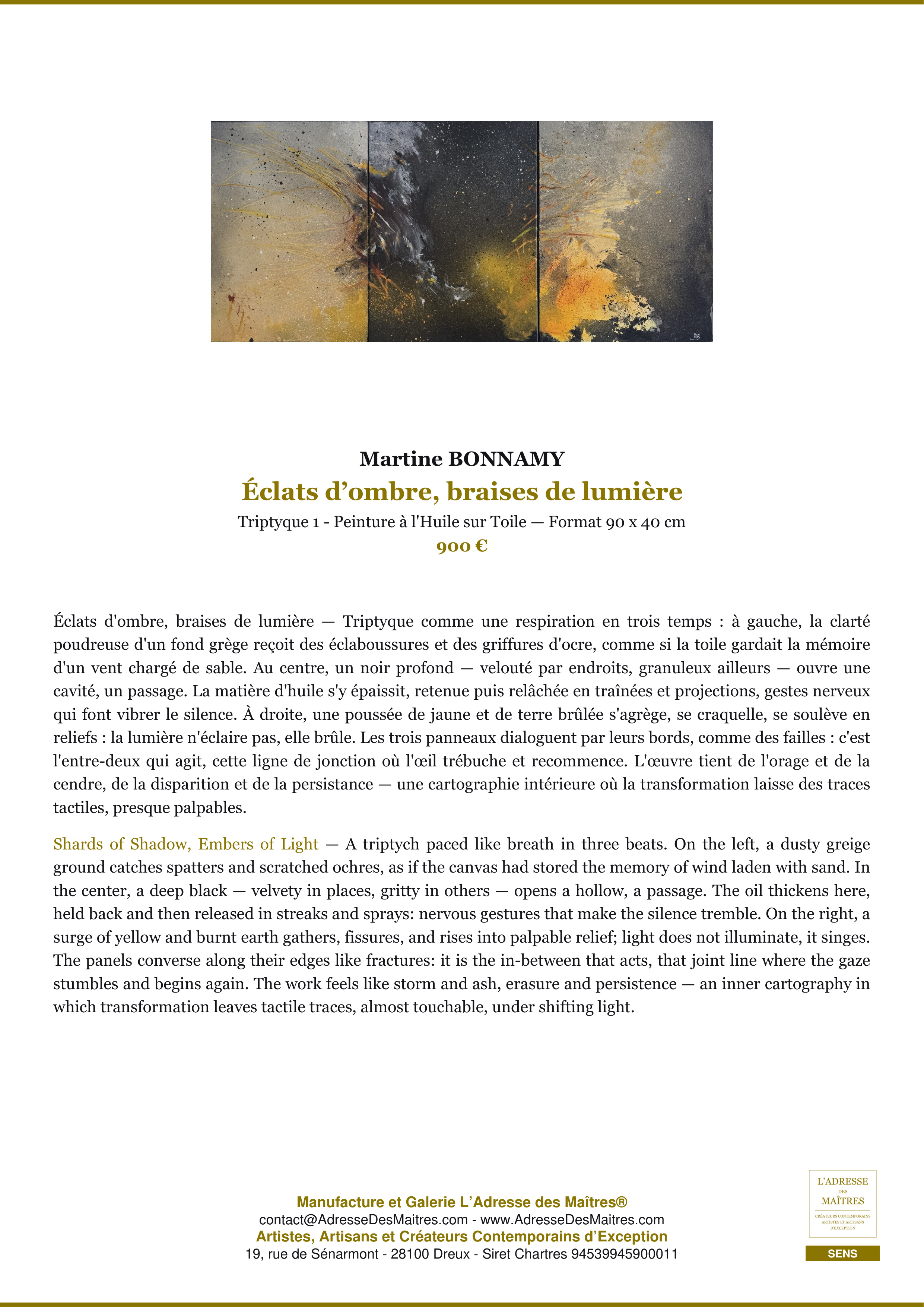 Fiche Premium — Éclats d’ombre, braises de lumière — Martine BONNAMY — L'Adresse des Maîtres®