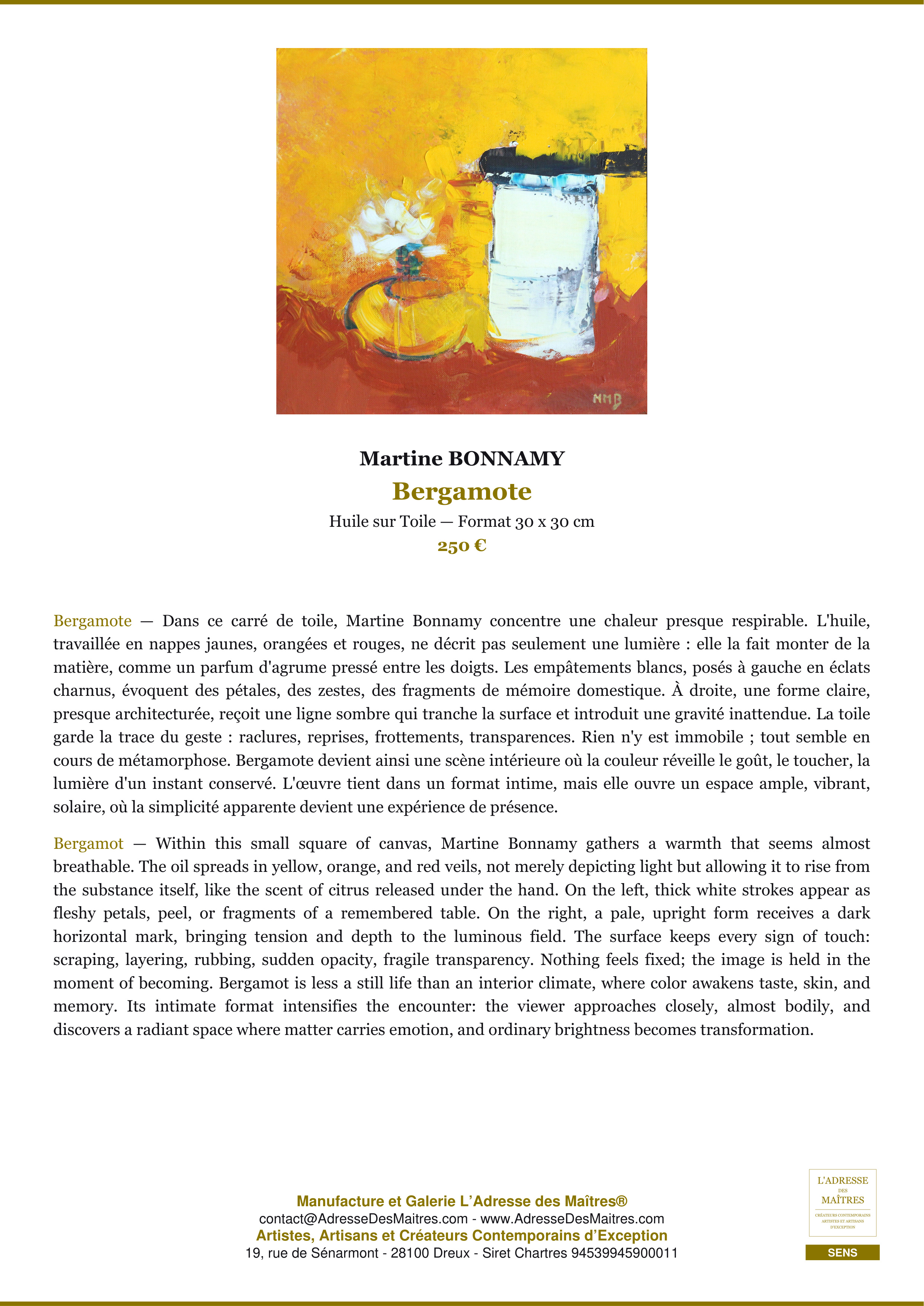 Fiche Premium — Bergamote — Martine BONNAMY — L'Adresse des Maîtres®