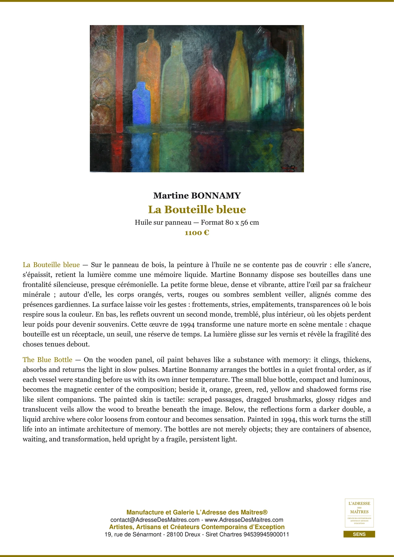 Fiche Premium - La Bouteille bleue - Martine BONNAMY - L'Adresse des Maîtres®