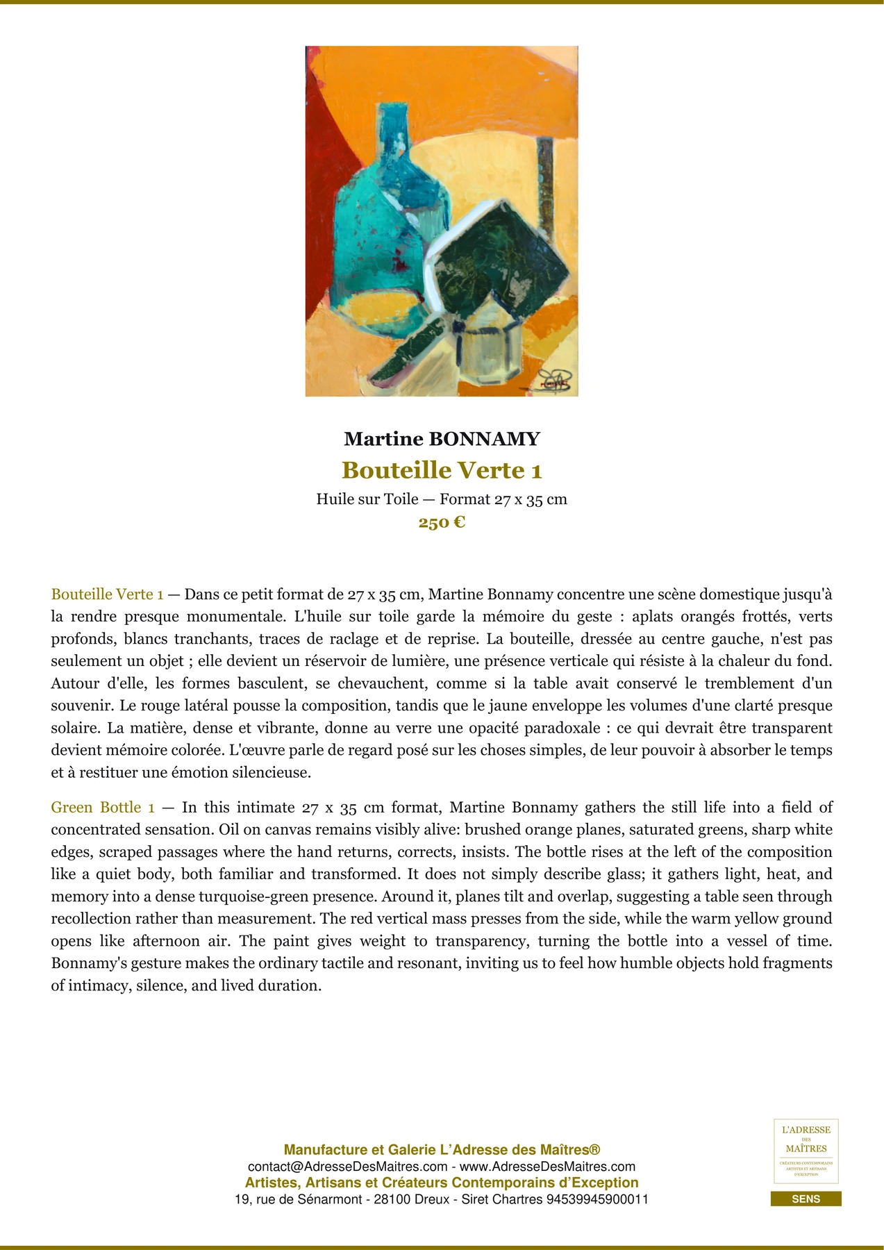 Fiche Premium - Bouteille Verte 1 - Martine BONNAMY - L'Adresse des Maîtres®