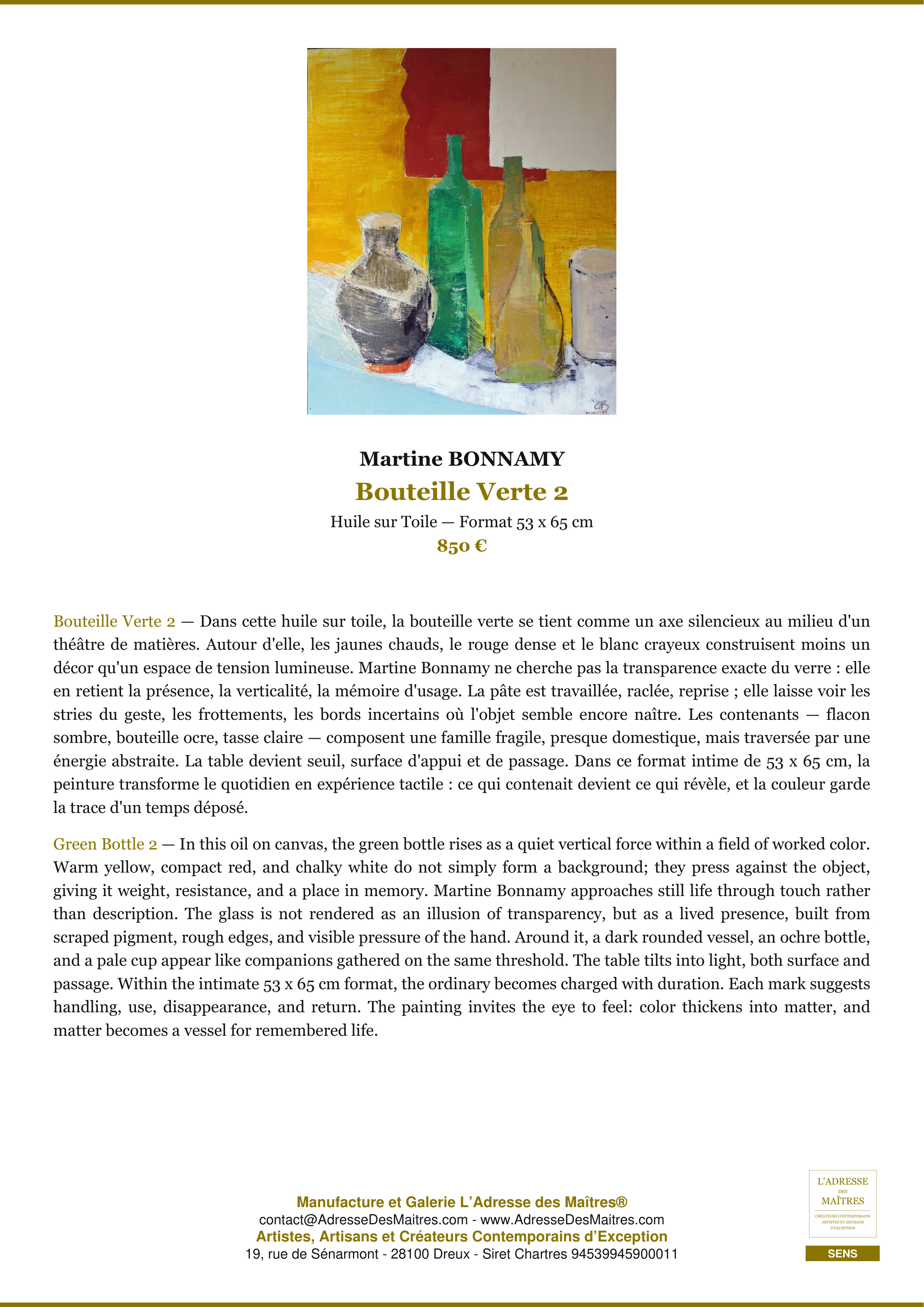 Fiche Premium — Bouteille Verte 2 — Martine BONNAMY — L'Adresse des Maîtres®