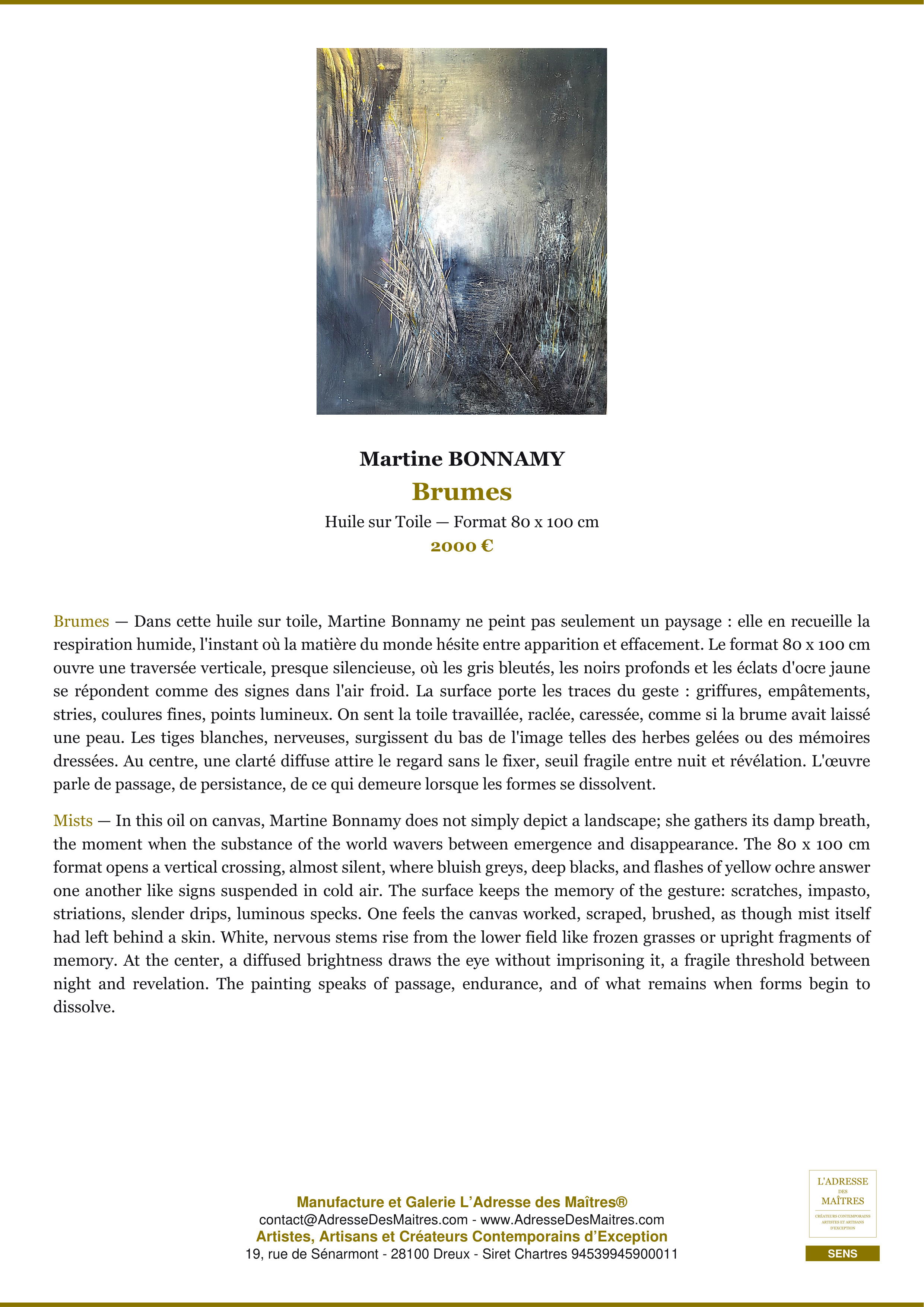 Fiche Premium — Brumes — Martine BONNAMY — L'Adresse des Maîtres®