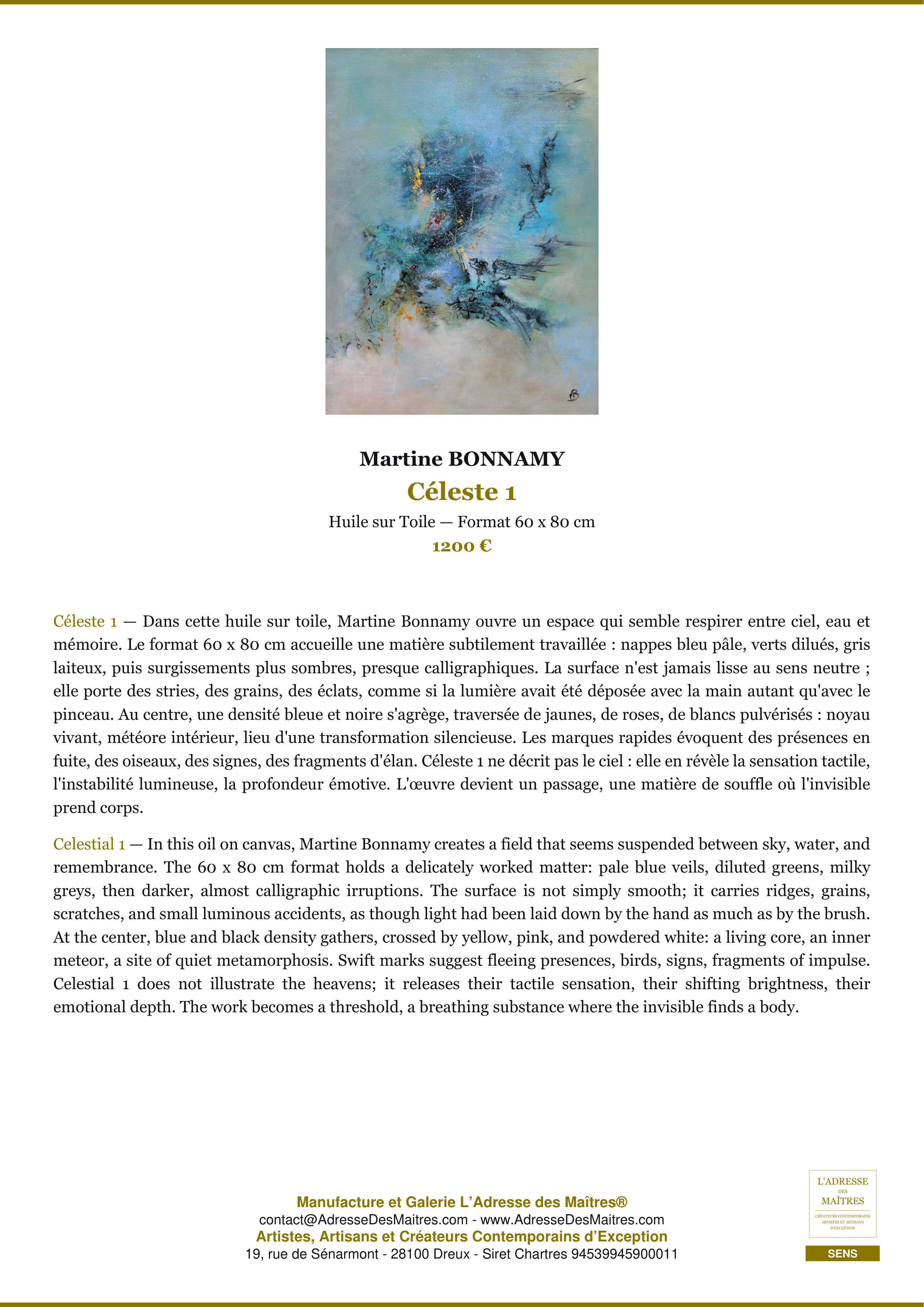 Fiche Premium — Céleste 1 — Martine BONNAMY — L'Adresse des Maîtres®