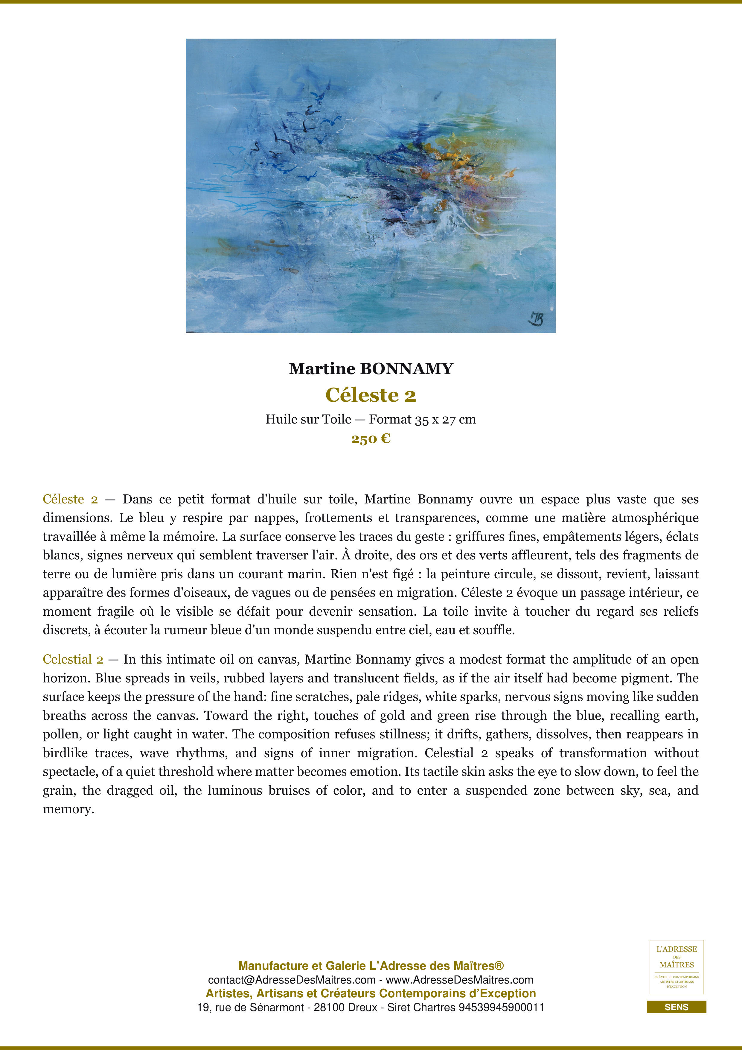 Fiche Premium — Céleste 2 — Martine BONNAMY — L'Adresse des Maîtres®
