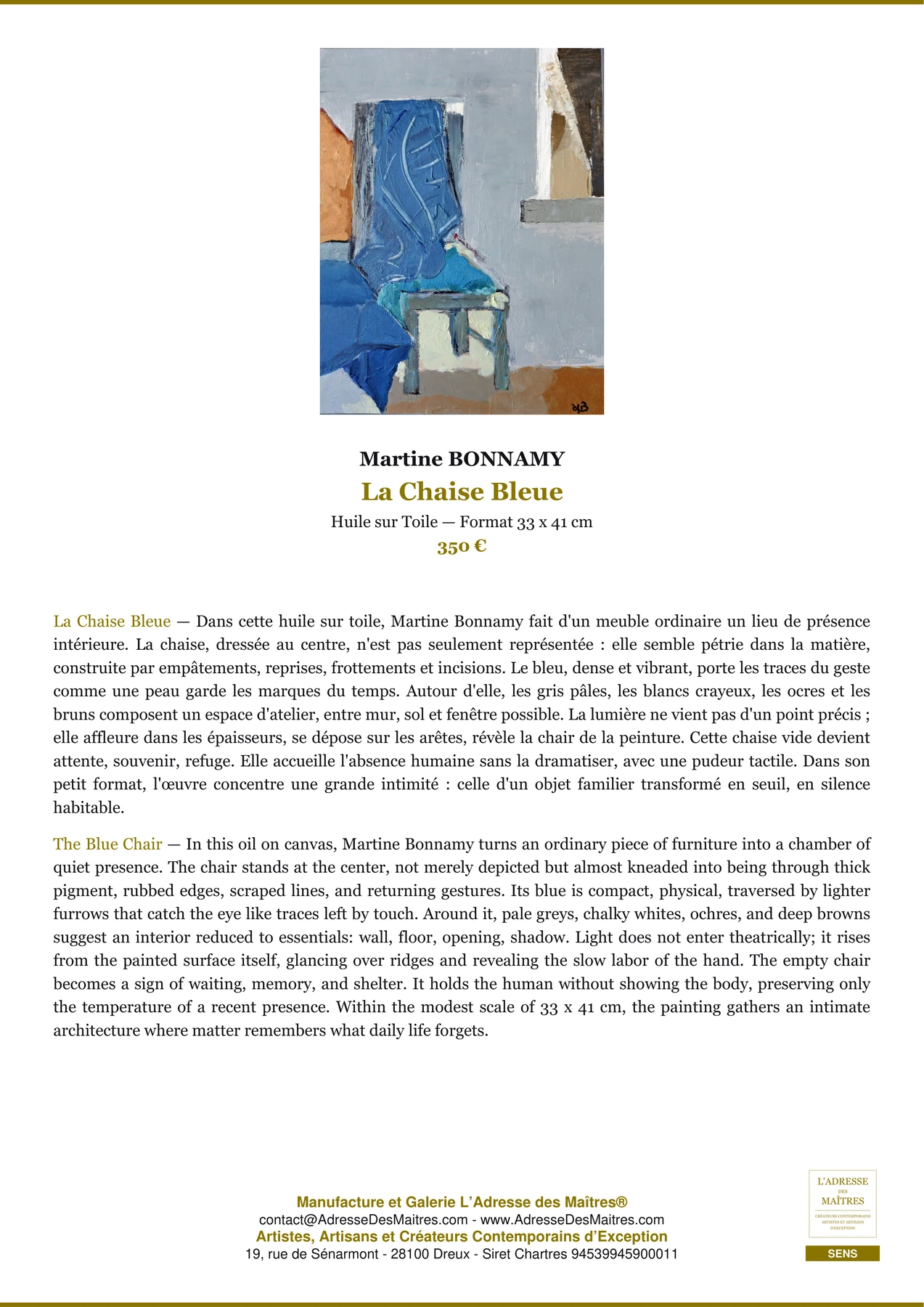 Fiche Premium - La Chaise Bleue - Martine BONNAMY - L'Adresse des Maîtres®
