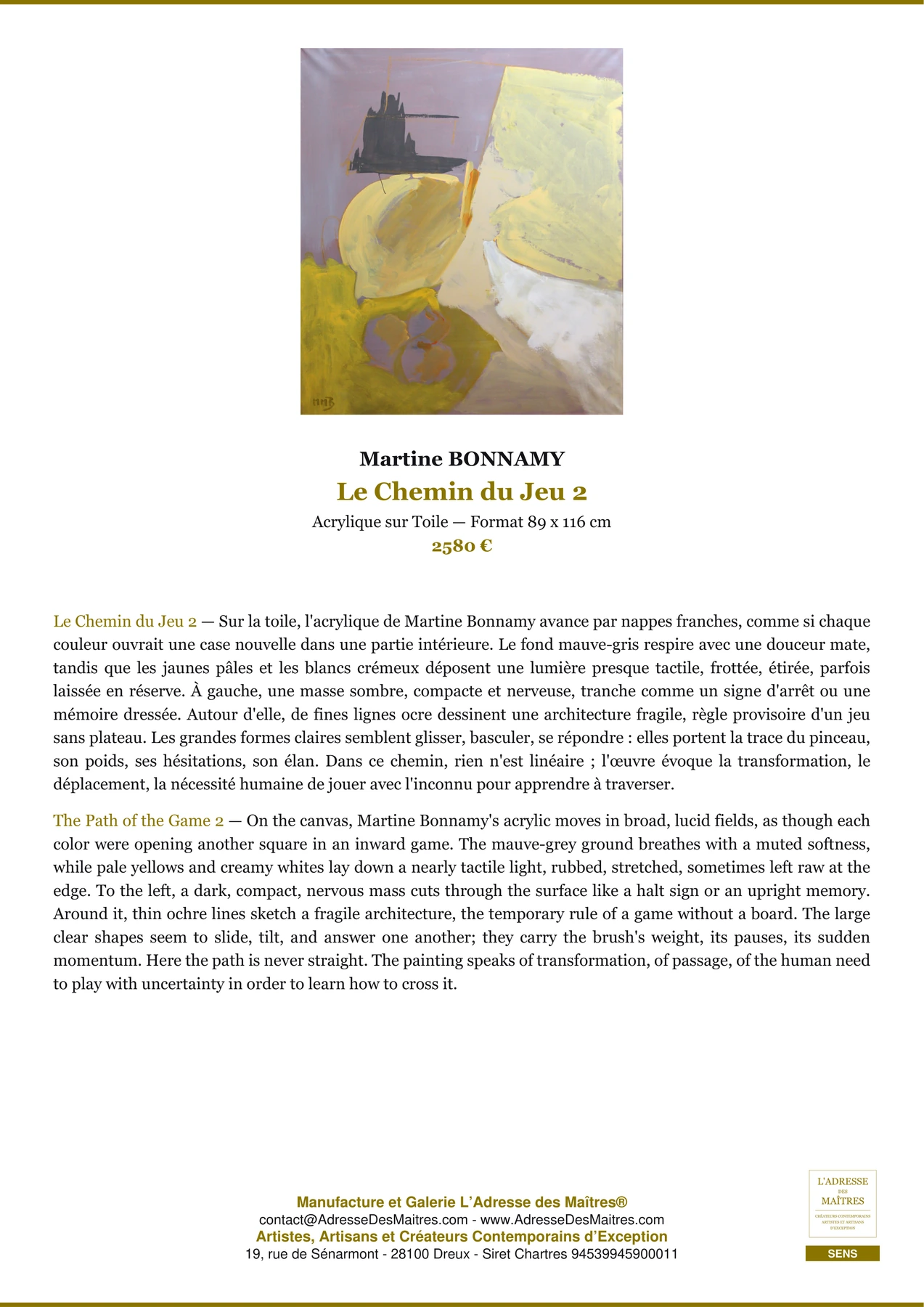 Fiche Premium - Le Chemin du Jeu 2 - Martine BONNAMY - L'Adresse des Maîtres®