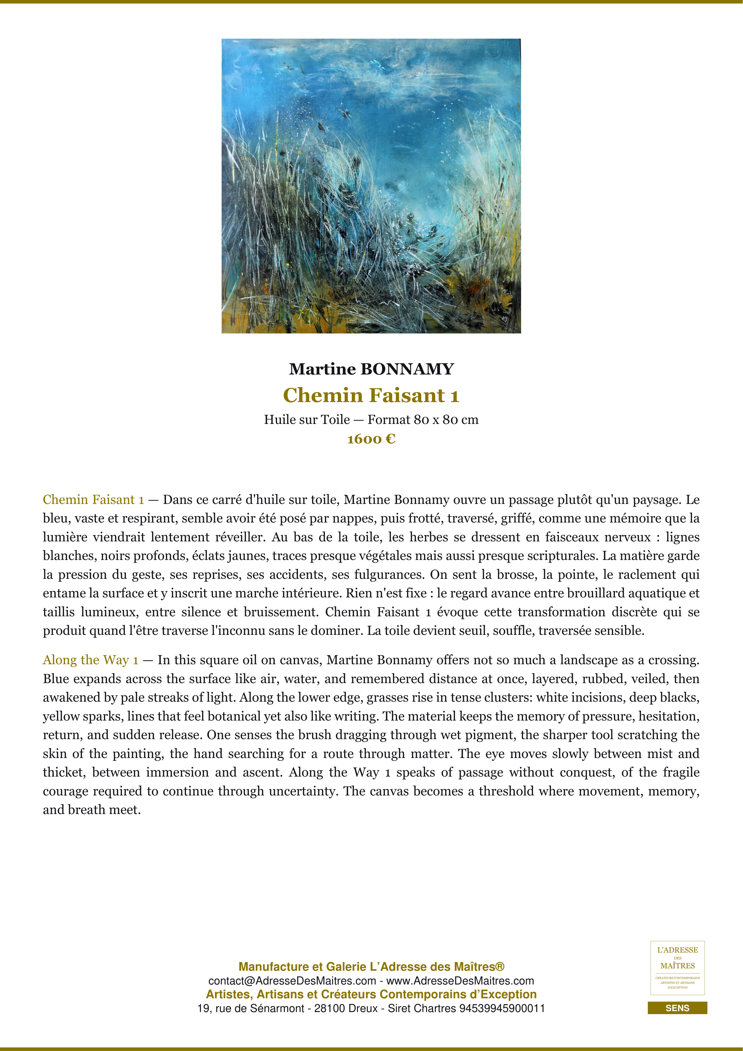 Fiche Premium — Chemin Faisant 1 — Martine BONNAMY — L'Adresse des Maîtres®