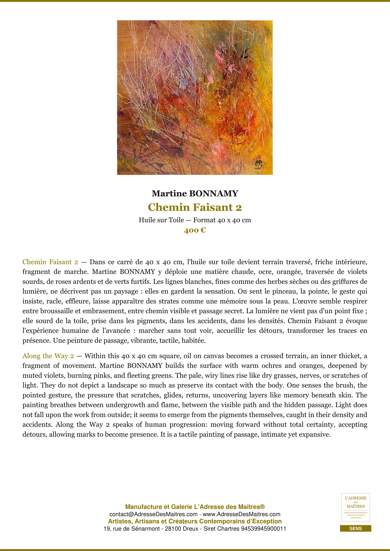 Fiche Premium - Chemin Faisant 2 - Martine BONNAMY - L'Adresse des Maîtres®