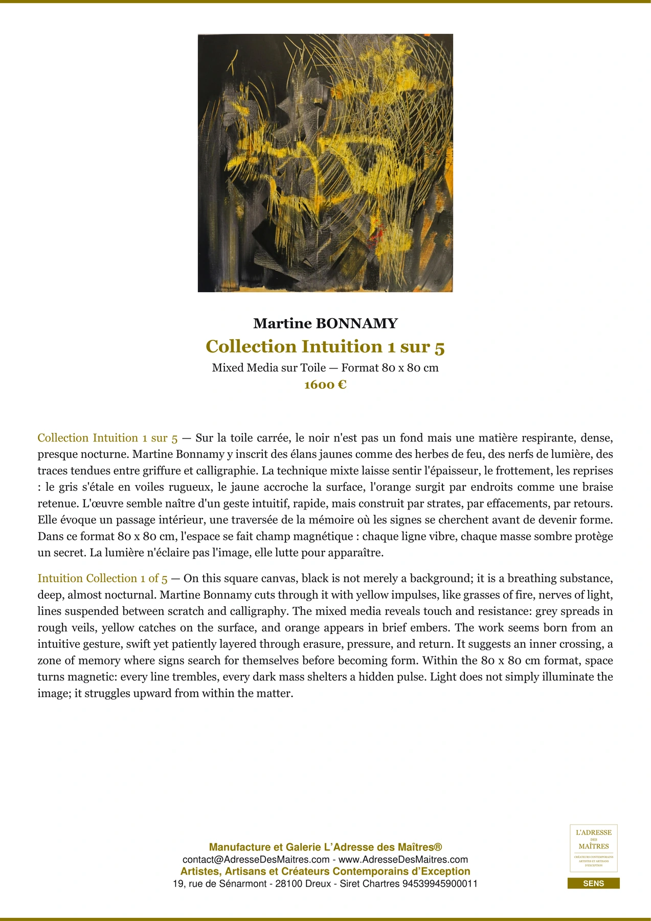 Fiche Premium - Collection Intuition 1 sur 5 - Martine BONNAMY - L'Adresse des Maîtres®