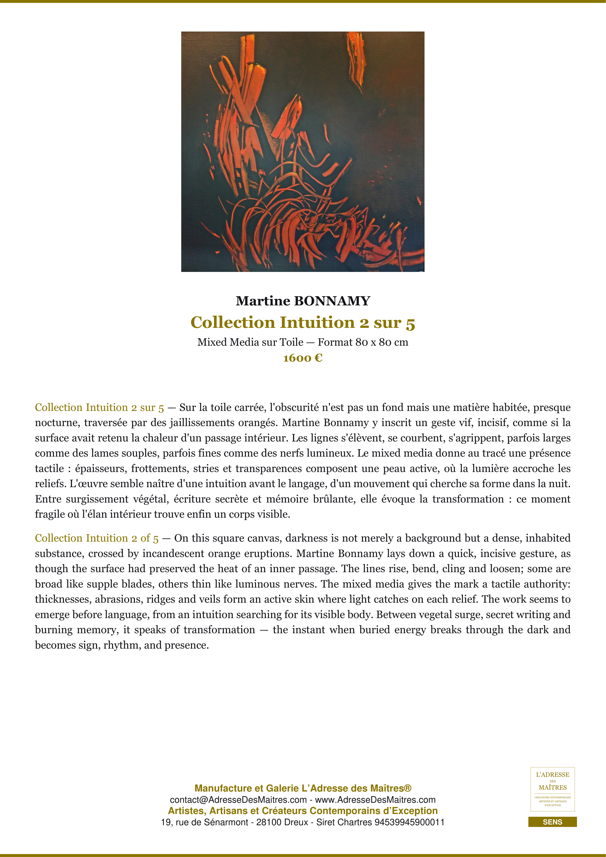 Fiche Premium — Collection Intuition 2 sur 5 — Martine BONNAMY — L'Adresse des Maîtres®
