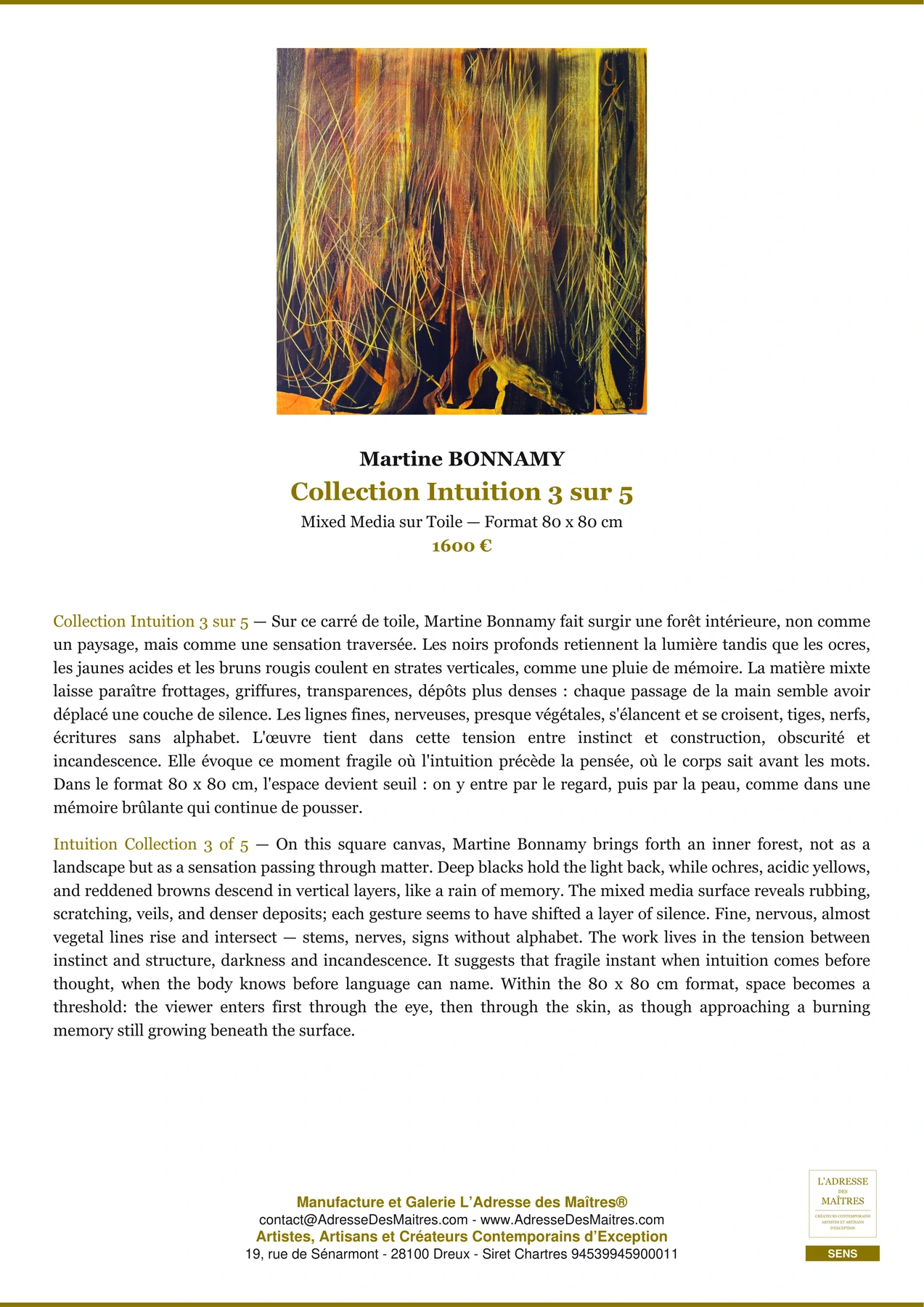 Fiche Premium - Collection Intuition 3 sur 5 - Martine BONNAMY - L'Adresse des Maîtres®