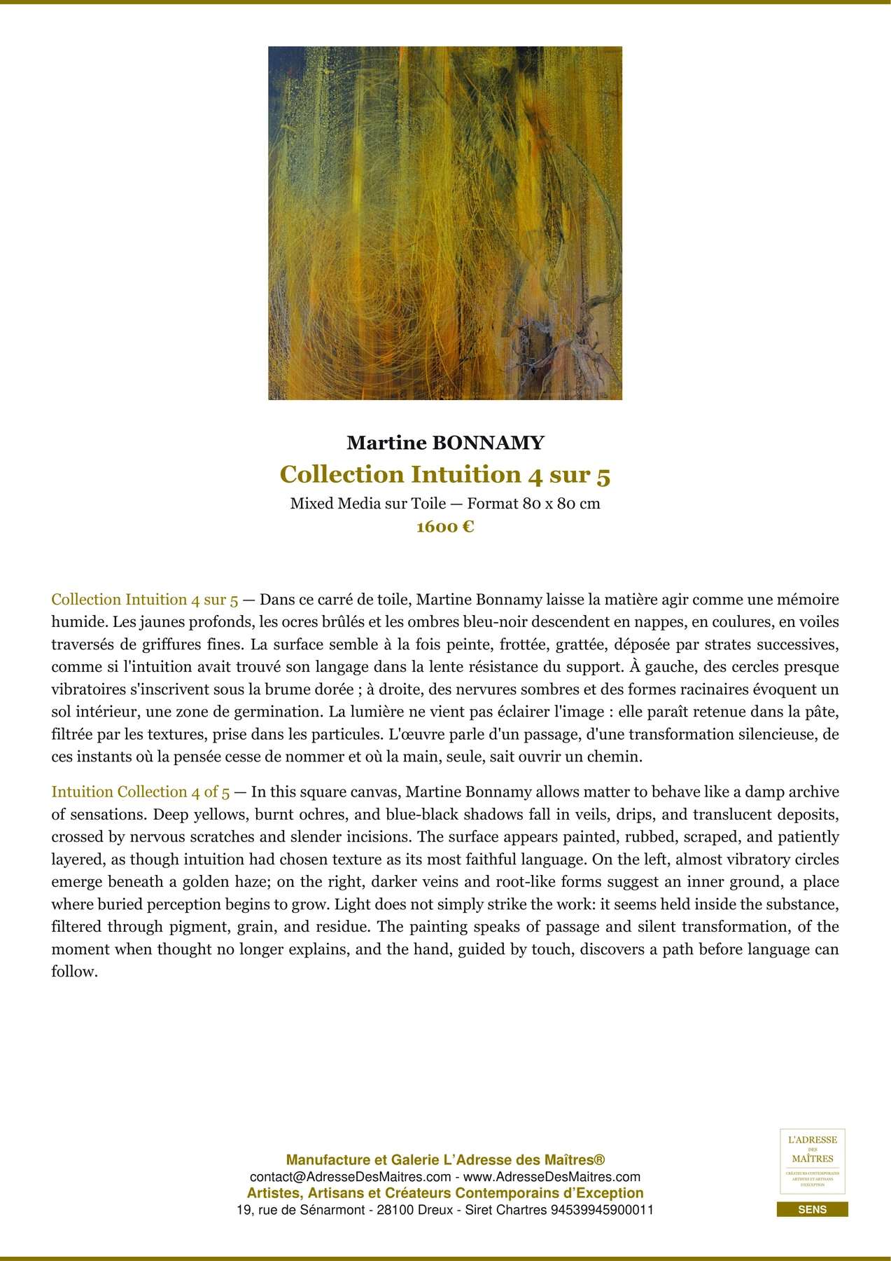 Fiche Premium - Collection Intuition 4 sur 5 - Martine BONNAMY - L'Adresse des Maîtres®