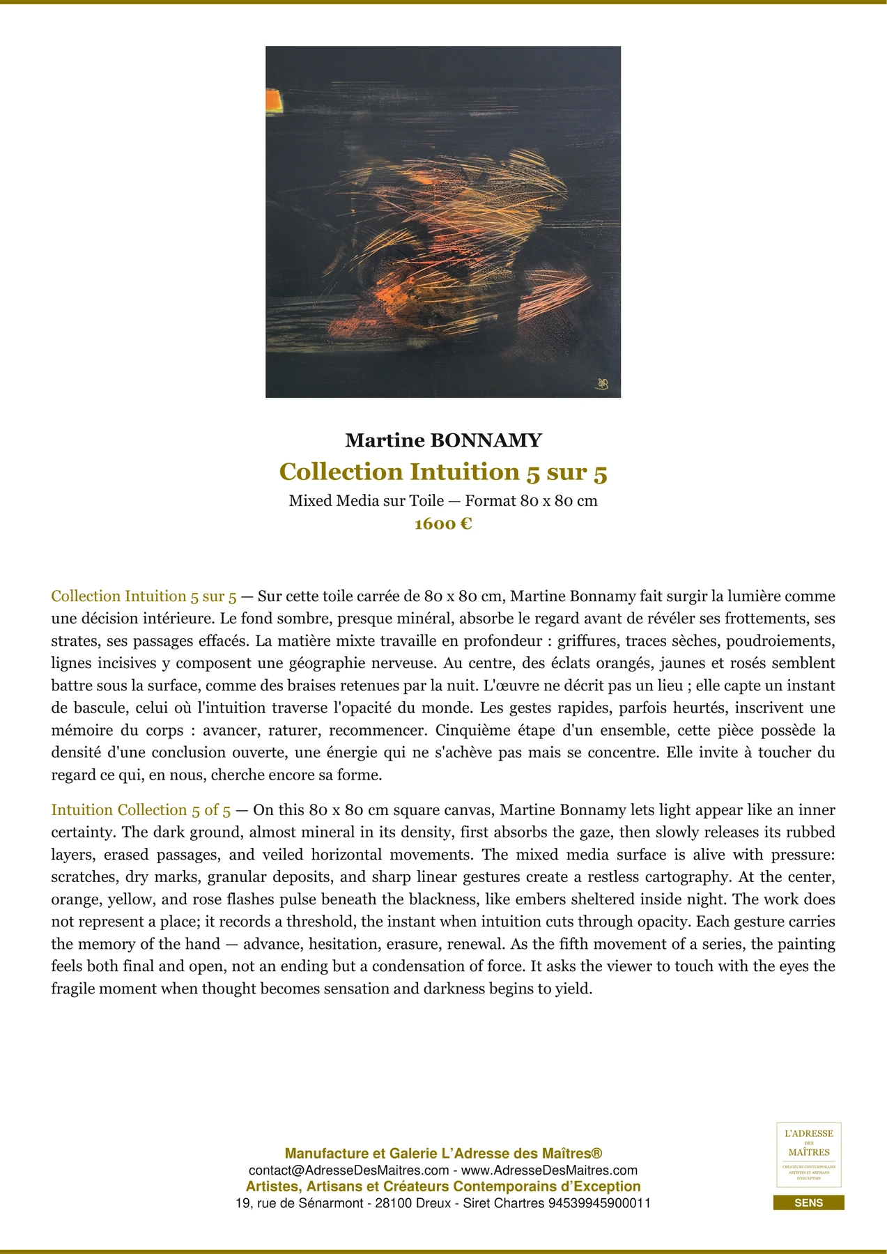 Fiche Premium - Collection Intuition 5 sur 5 - Martine BONNAMY - L'Adresse des Maîtres®