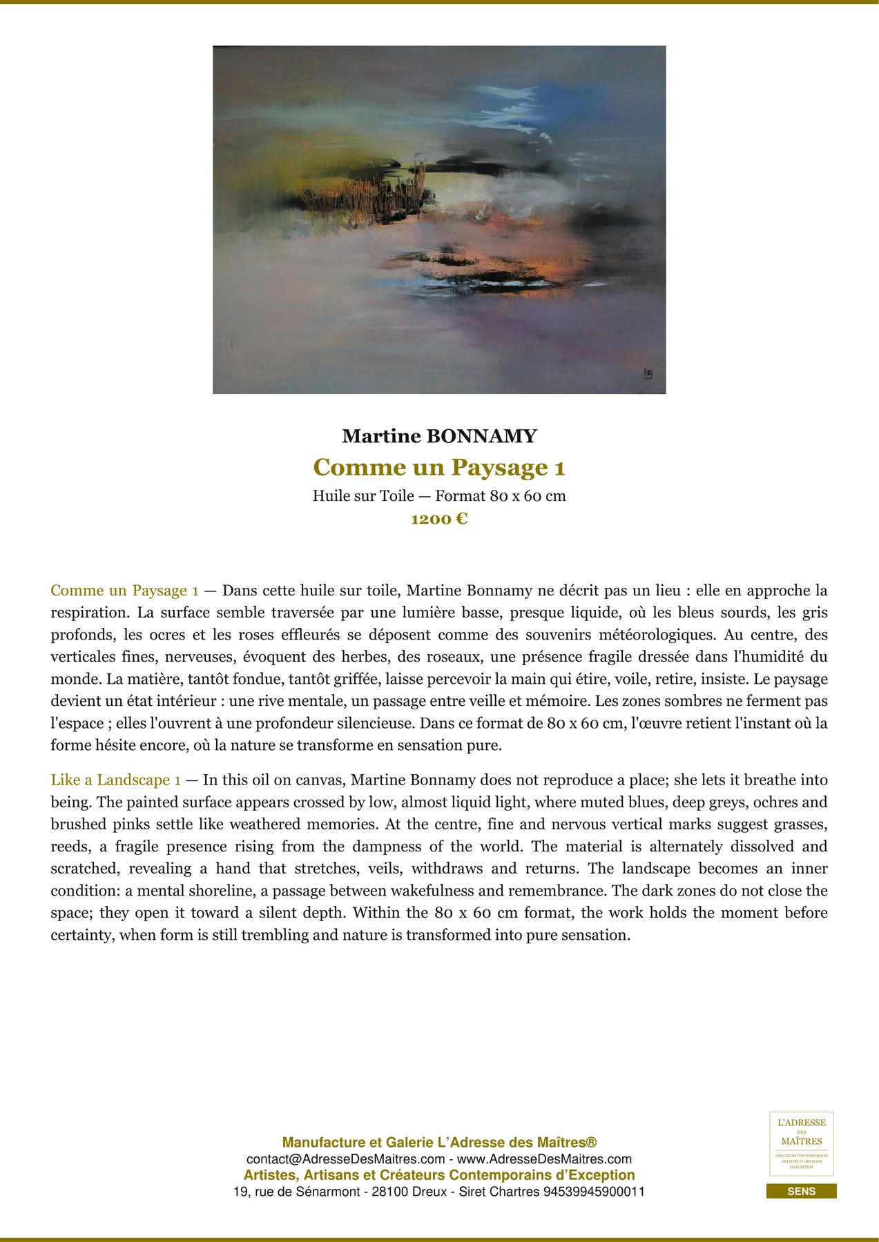 Fiche Premium - Comme un Paysage 1 - Martine BONNAMY - L'Adresse des Maîtres®