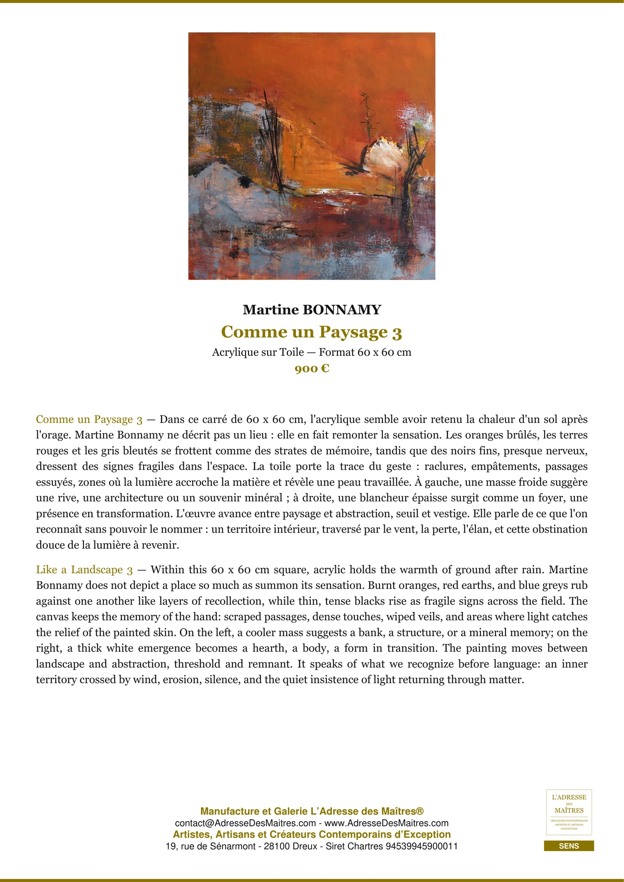 Fiche Premium - Comme un Paysage 3 - Martine BONNAMY - L'Adresse des Maîtres®