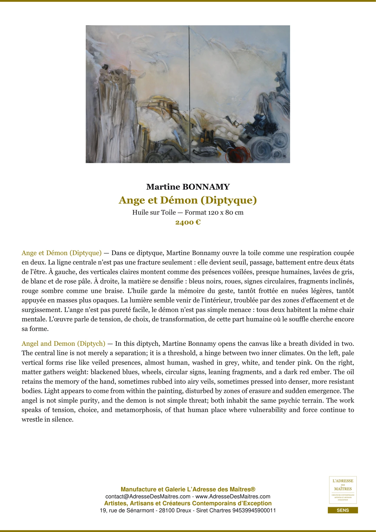 Fiche Premium - Ange et Démon (Diptyque) - Martine BONNAMY - L'Adresse des Maîtres®