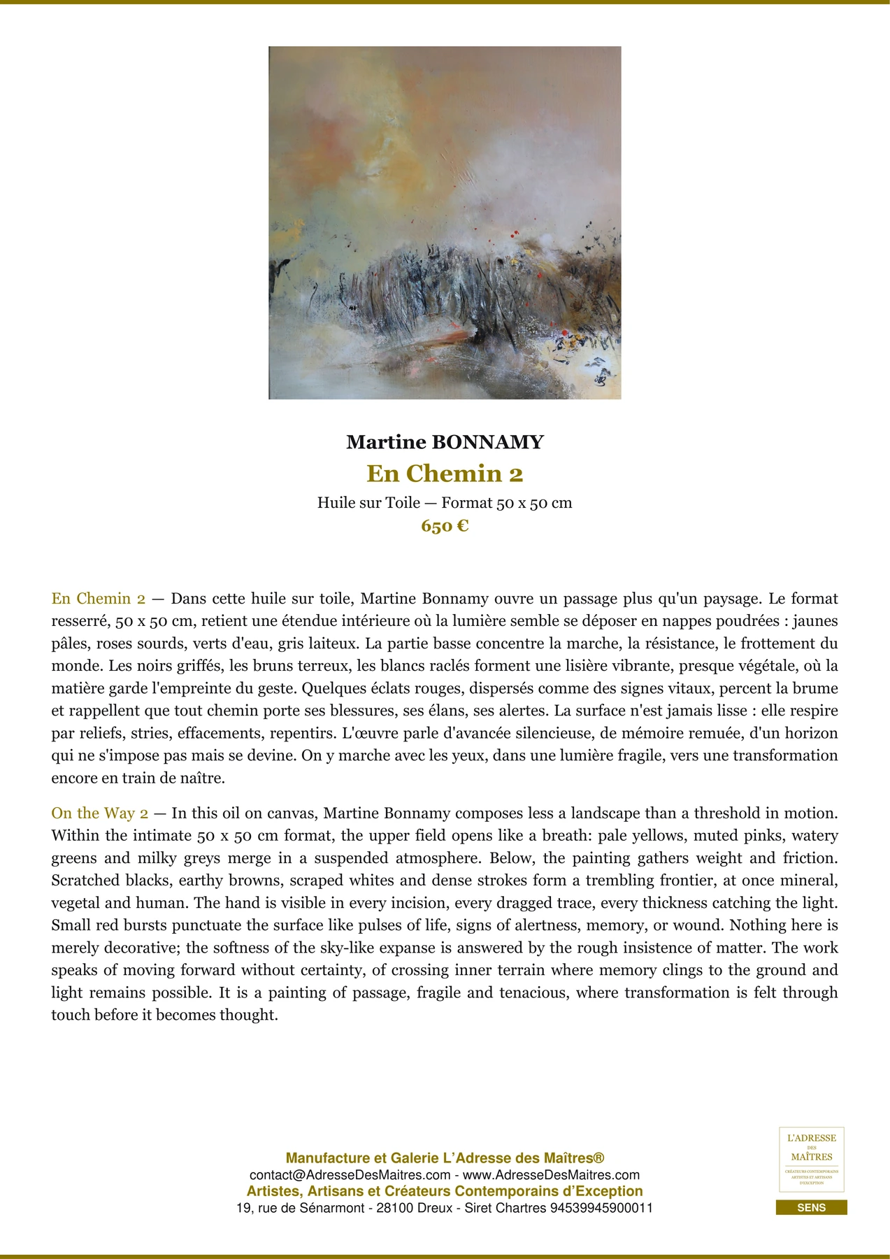 Fiche Premium - En Chemin 2 - Martine BONNAMY - L'Adresse des Maîtres®