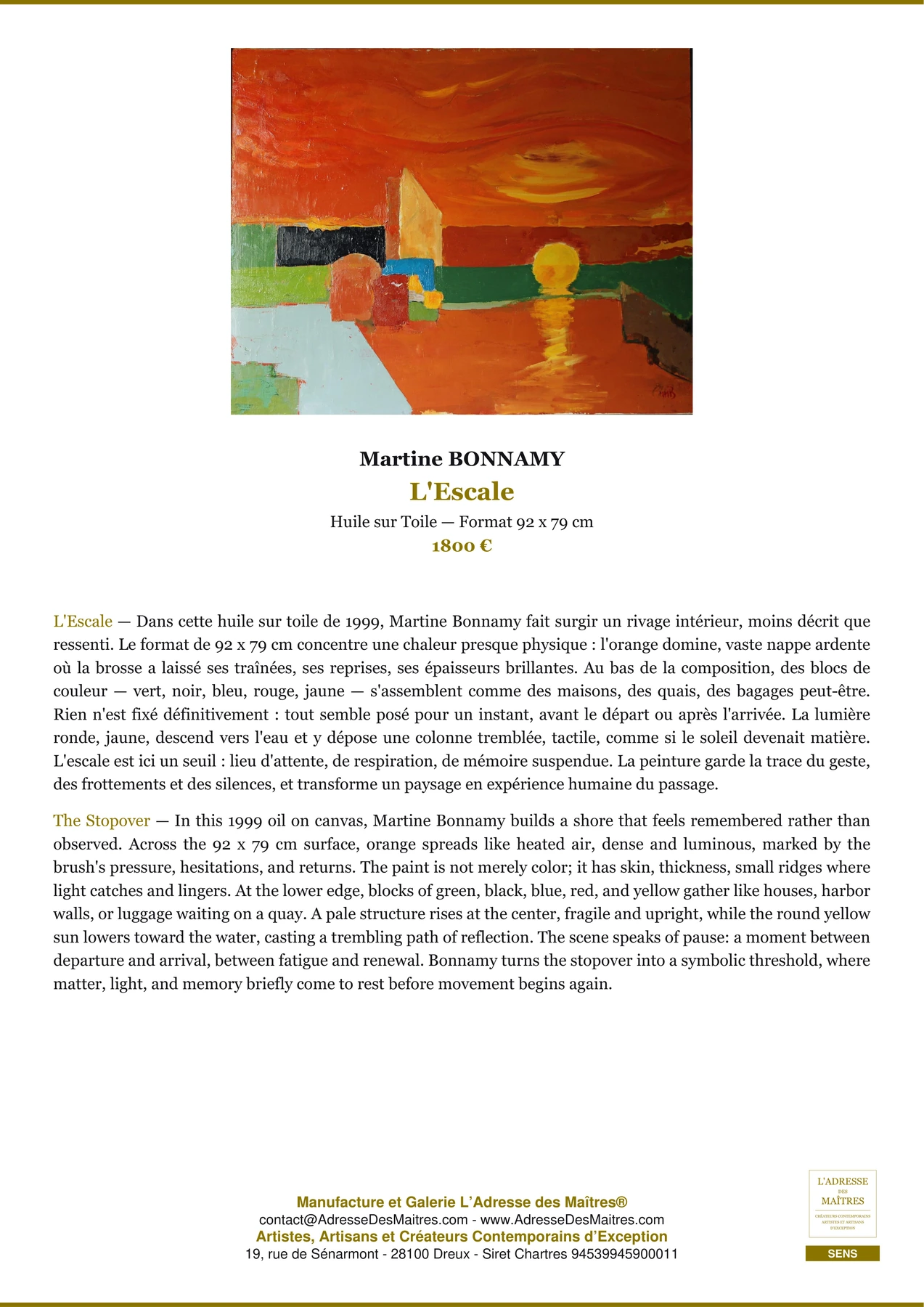 Fiche Premium - L'Escale - Martine BONNAMY - L'Adresse des Maîtres®