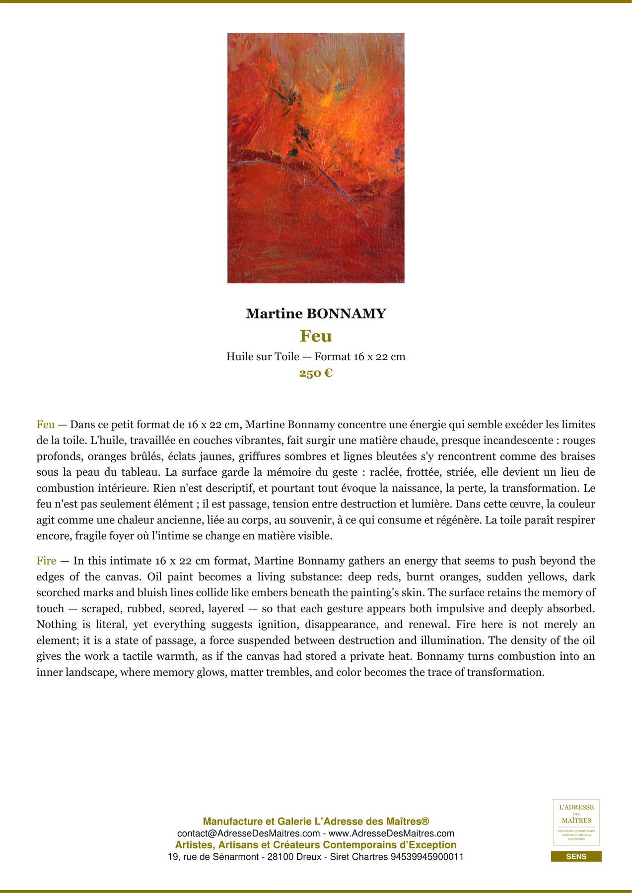 Fiche Premium - Feu - Martine BONNAMY - L'Adresse des Maîtres®