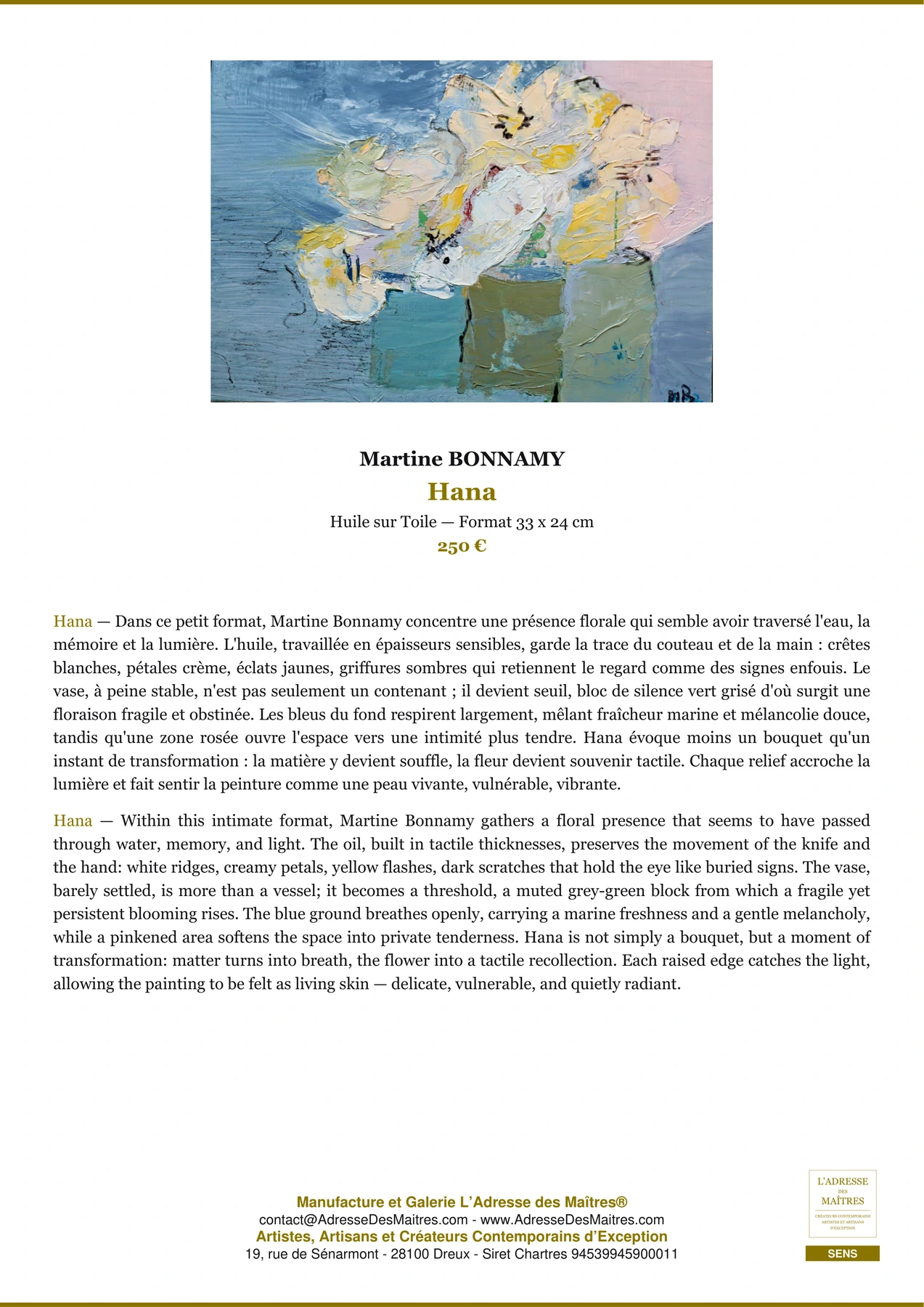 Fiche Premium - Hana - Martine BONNAMY - L'Adresse des Maîtres®