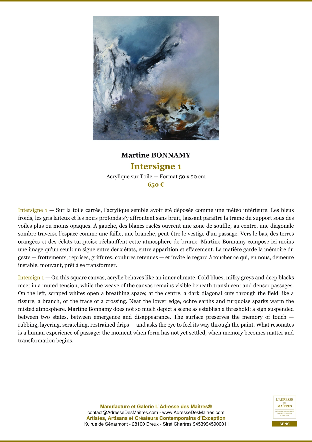 Fiche Premium - Intersigne 1 - Martine BONNAMY - L'Adresse des Maîtres®